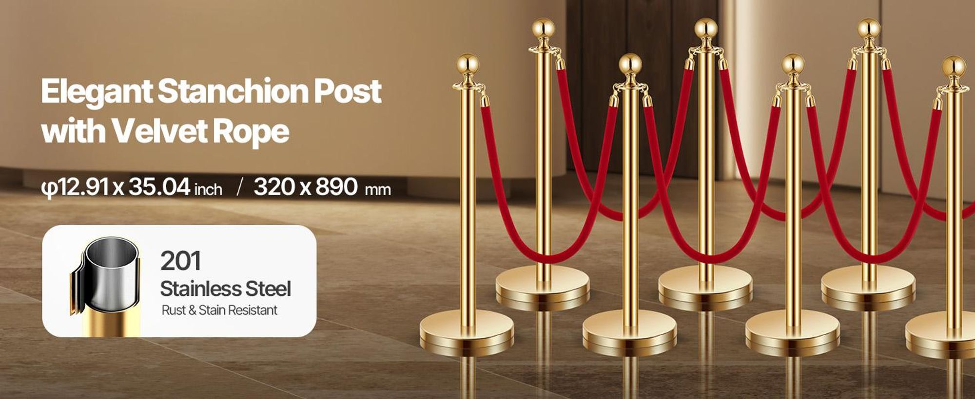 VEVOR Absperrsäulen (8 Stück) (1,5 m Länge), Absperrsäulen aus Edelstahl mit nachfüllbarem Sockel, für Ausstellungen, Gold