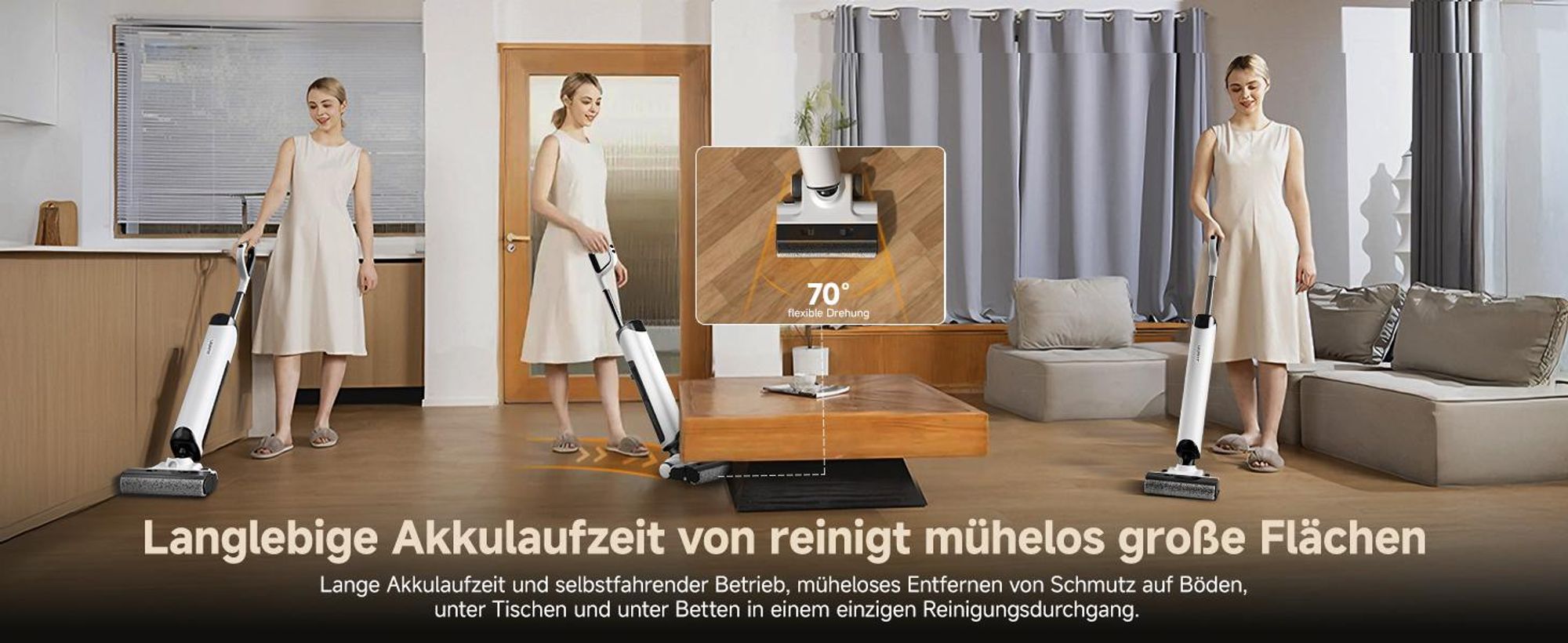 Uwant D500 Nass Trockensauger Akku,180° Lay-Flat Saugwischer, 17,000 Pa, 65°C Leise Heißtrocknung,Verwicklungsfreies Design, IPX6 Bodenbürste