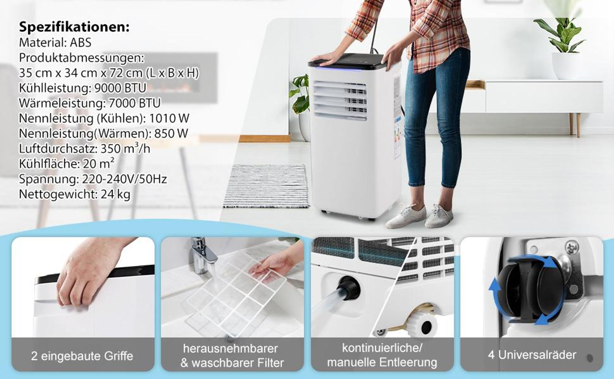 COSTWAY 9000 BTU mobile Klimaanlage, 4 in 1 Klimagerät inkl. Kühlen, Ventilator, Heizen & Entfeuchter mit Abluftschlauch, Schlafmodus, Fernbedienung