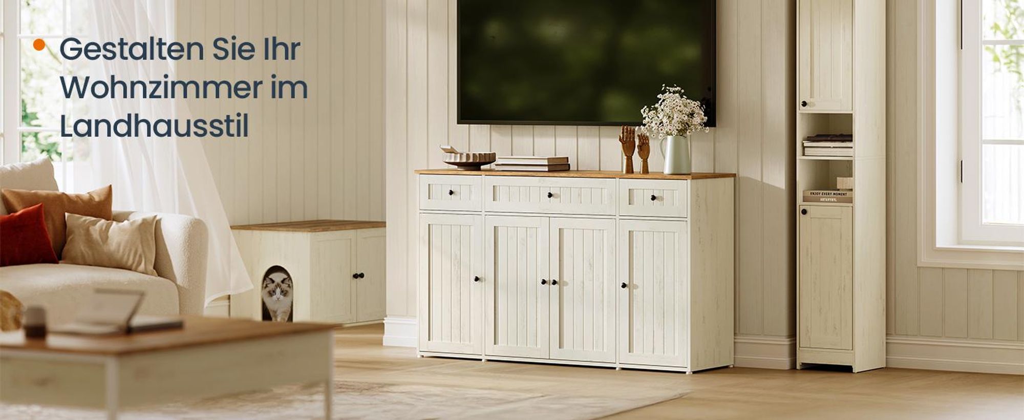 Sideboard, Toolless-Technologie, superschnelle werkzeuglose Montage, Küchenschrank mit Arbeitsplatte, weiß-braun