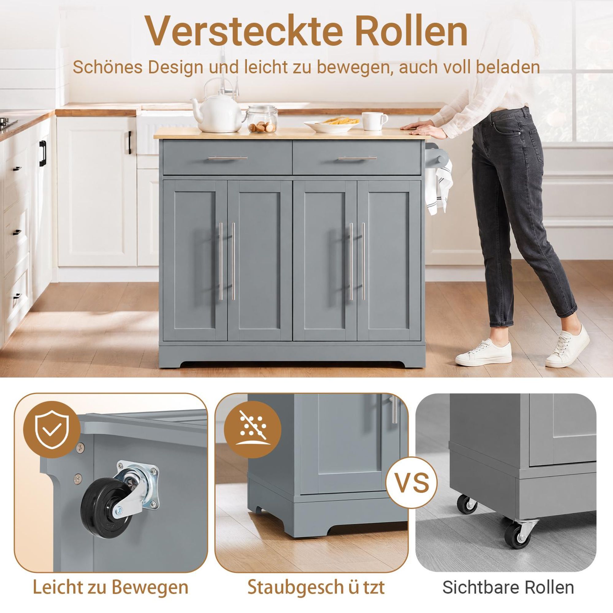 SoBuy Kücheninsel mit ausklappbarer Arbeitsfläche, Schubladen und Schränken, grau Mittelteil mit vier Türen zwei FKW129-HG