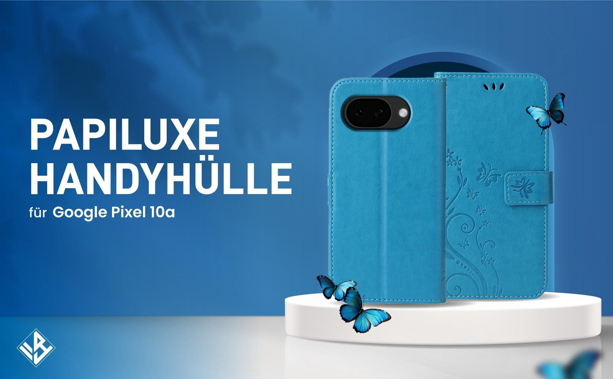 Blaue Klapphülle im Schmetterling Design für Google Pixel 10a mit Wallet-Funktion