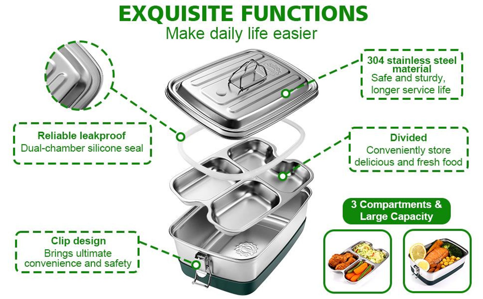 Nachhaltige Edelstahl Lunchbox 2000ml – Auslaufsichere Bento Box mit 3 Fächern, BPA-frei & Umweltfreundlich, Metall Lunchboxen für Kinder & Erwachsene