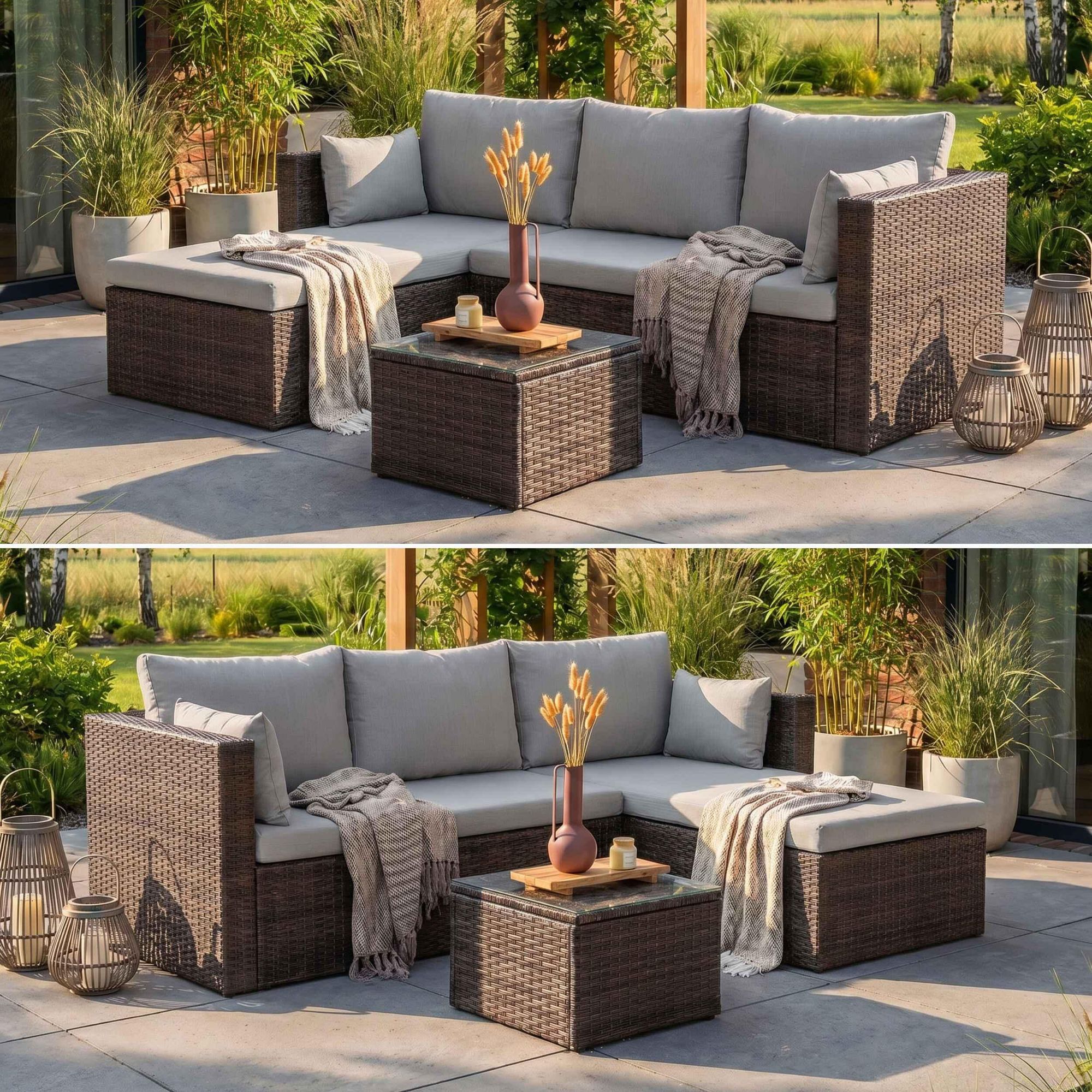 BEAUTYSOFA | SEVILLA Polyrattan Gartenlounge Braun – Gartenmöbel Set, Ecksofa, Ecklounge mit Couchtisch, Outdoor Sofa, Loungegruppe für 4 Personen