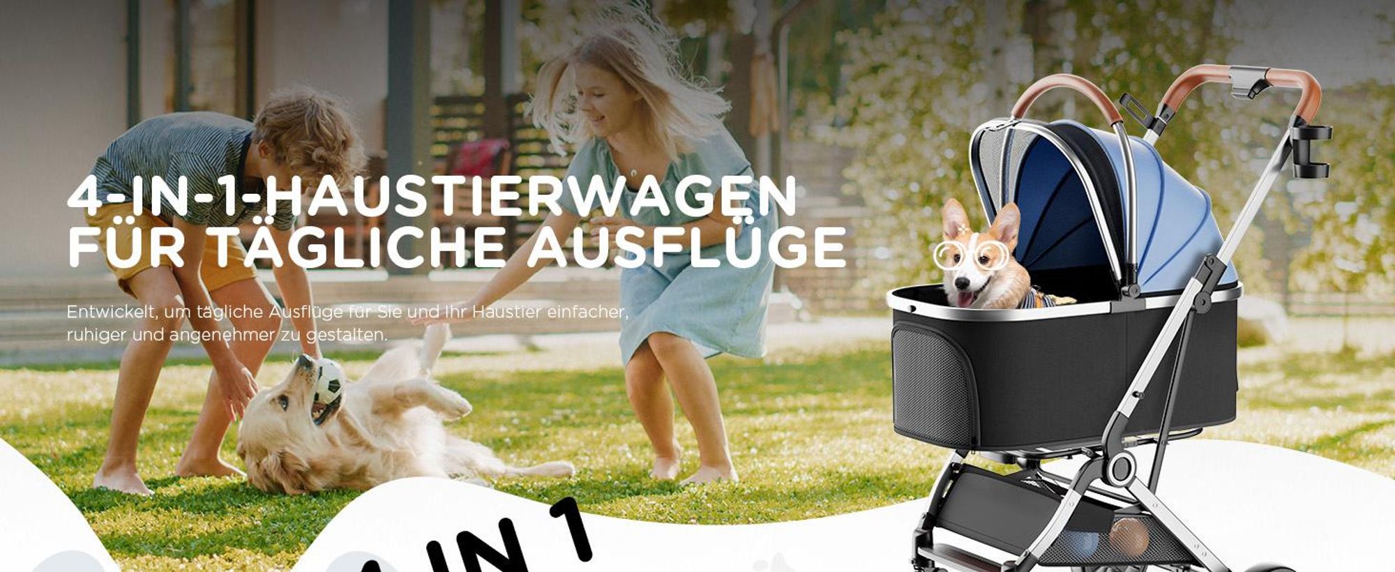 COMHOMA Hundebuggy klappbar bis 25KG, 360°schwenkbares EVA-Vorderrad und Hinterradbremsen, 4-in-1 Hundewagen, Faltbar Katzenwagen BLUE