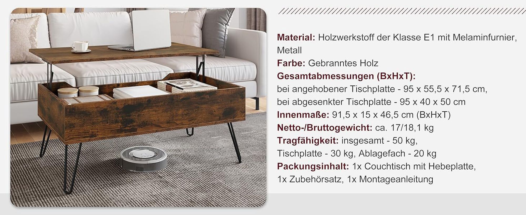 WOLTU Couchtisch, Kaffeetisch mit verstecktem Stauraum, Metallbeine, Rustikales Braun