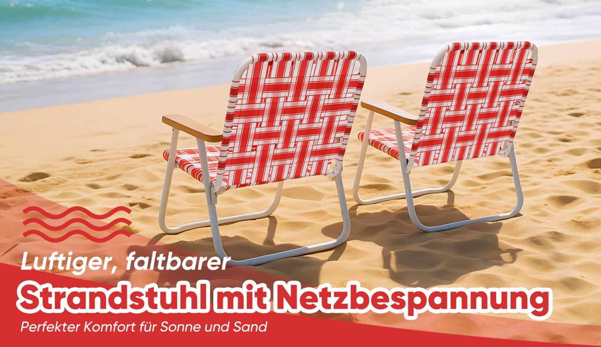 Sekey Strandstuhl Faltbar Campingstuhl Atmungsaktiver Gartenstuhl Klappbar bis 150kg, Rot und Weiß