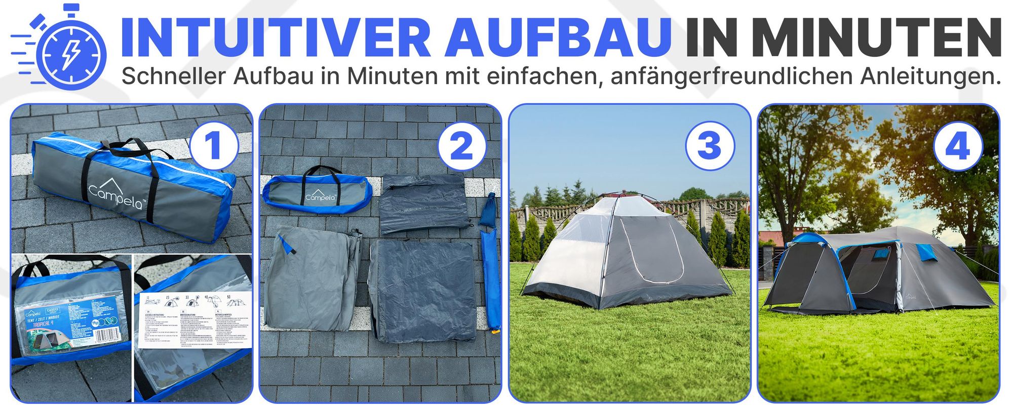 Campela Tropical 4 Familienzelt – 4-Personen-Touristenzelt mit Vorraum, wasserdicht 3000 mm, graues Polyester