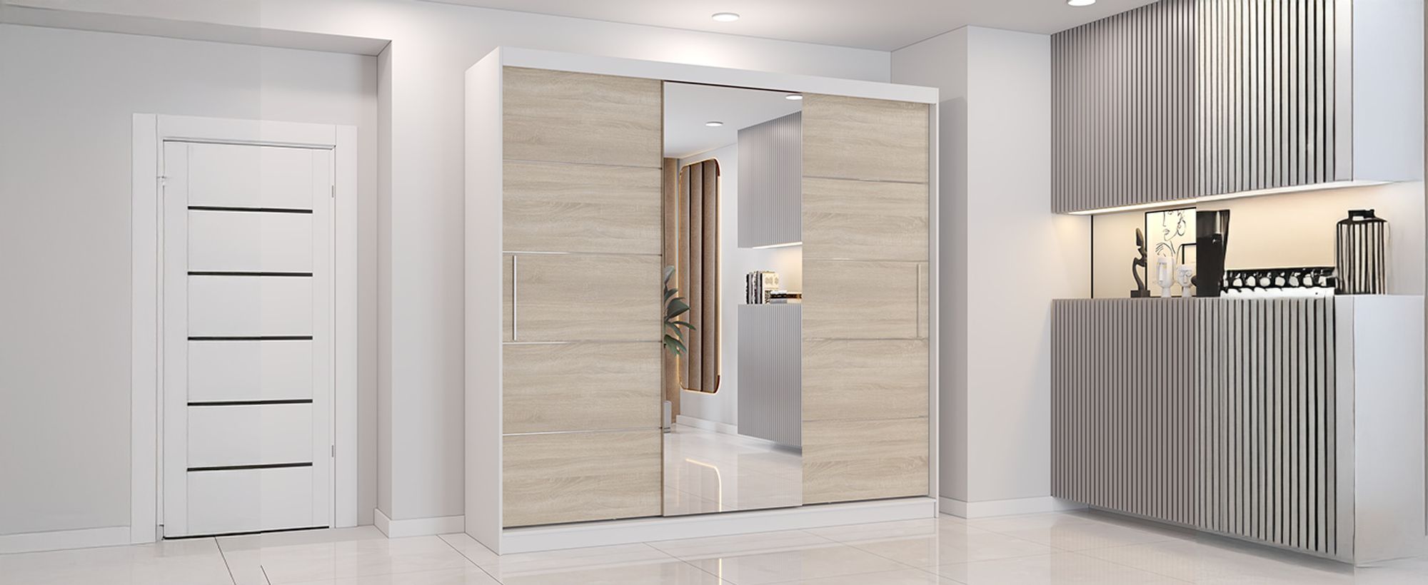 Schwebetürenschrank Astra, 233 cm, Weiß/Sonoma, mit Spiegel