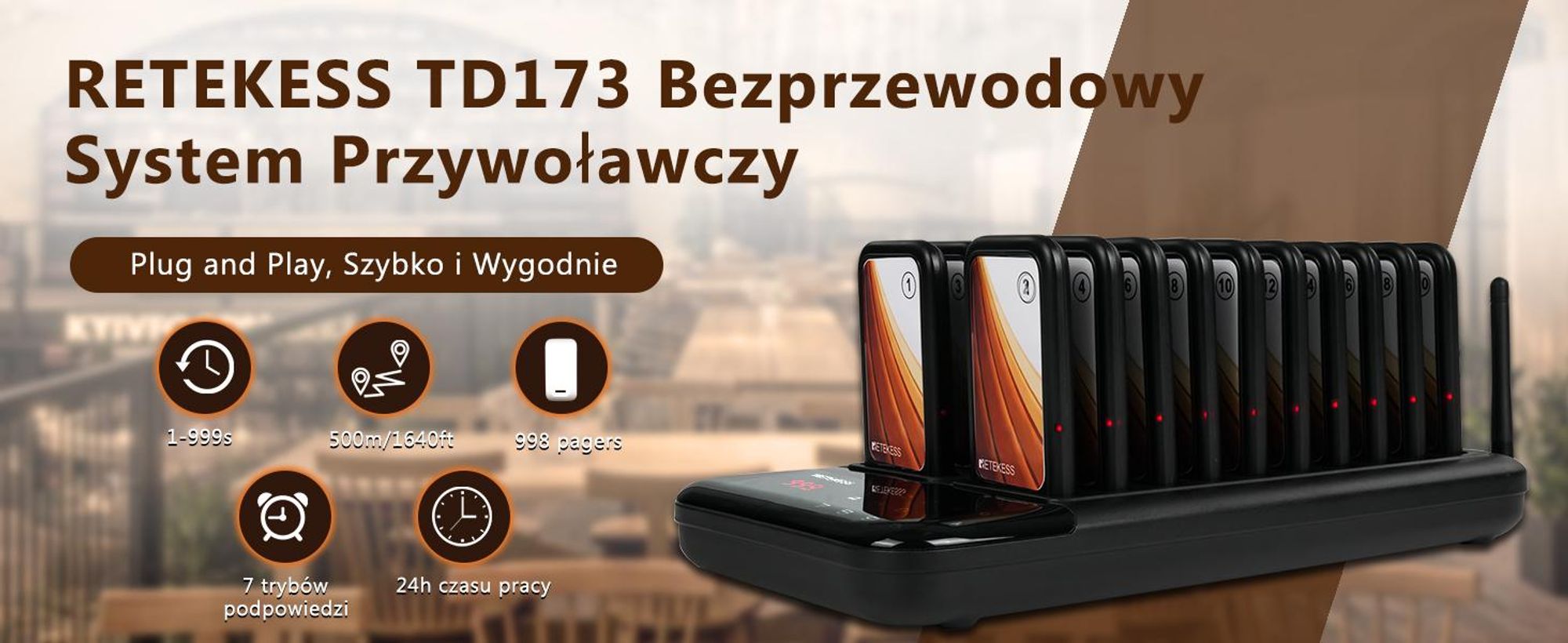 Bezprzewodowy system przywoławczy Retekess TD173, zasięg 500 m, 7 trybów wywoływania, 20 pagerów Z przyciskiem wyciszenia, Dla restauracji  barów
