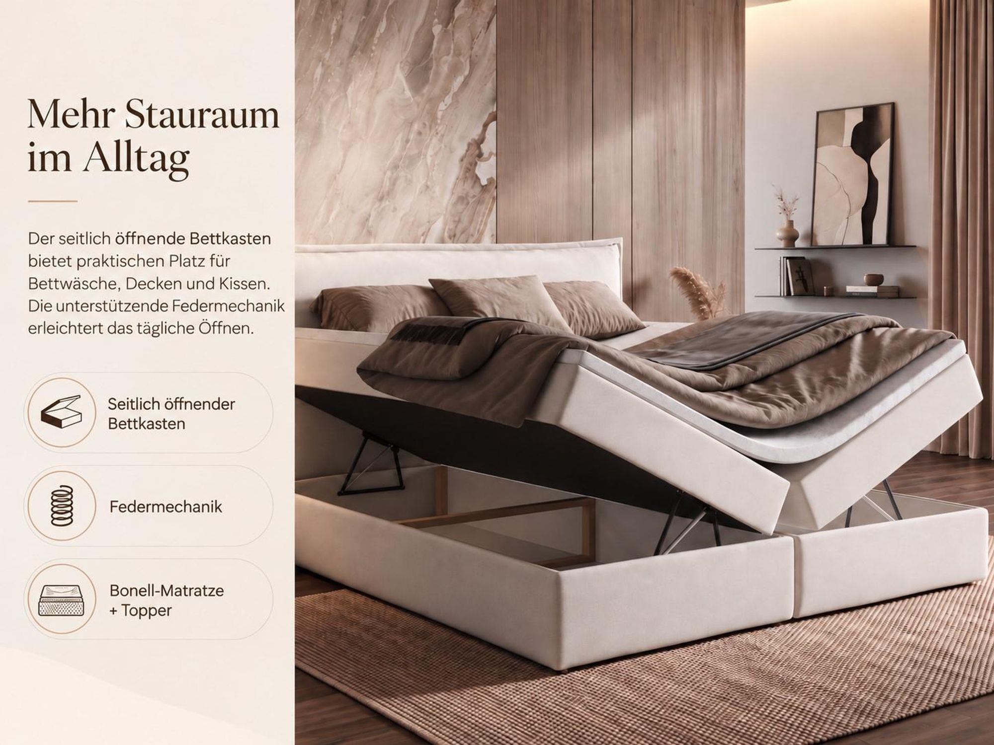Boxspringbett 200x200 mit Bettkasten ARENO, Komplett-Set mit Kissen-Kopfteil, Bonell-Matratze H3 und Topper - Beige