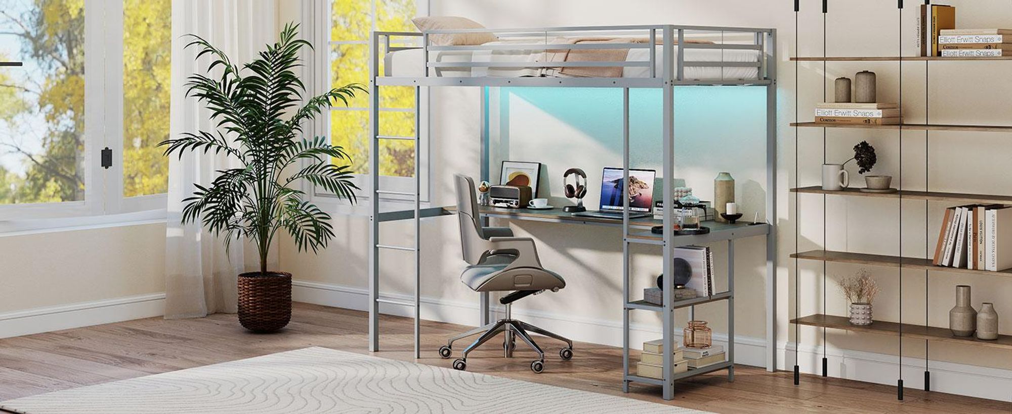 COSTWAY Hochbett Etagenbett 90x200cm mit Schreibtisch, LEDs, Ladestation, 2 Ablagen, Sicherheitsgeländer & Leiter, Stockbett Kinderbett Metall Silber