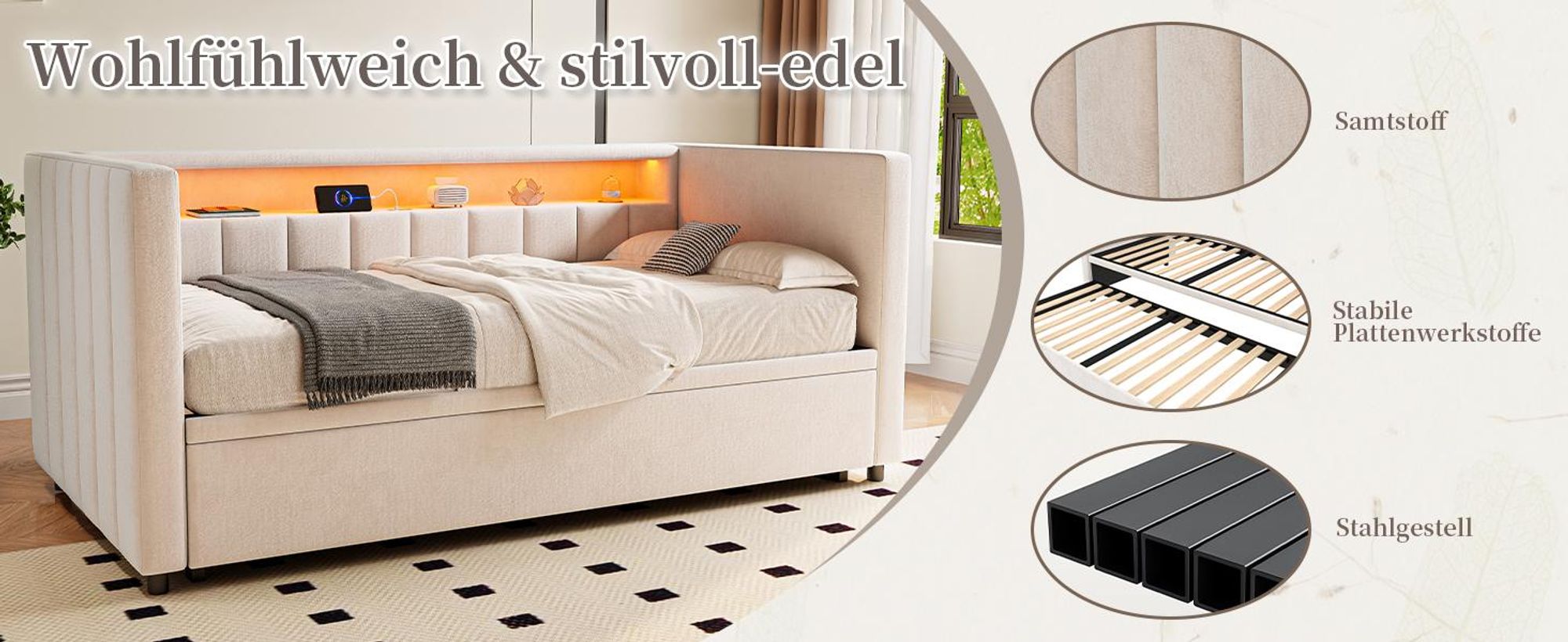 LVHOM Tagesbett ausziehbar 90/180x190cm mit Stauraum und LED, Schlafsofa mit Auziehbett, Samt Daybed mit USB und Lattenrost, Daybett, Beige