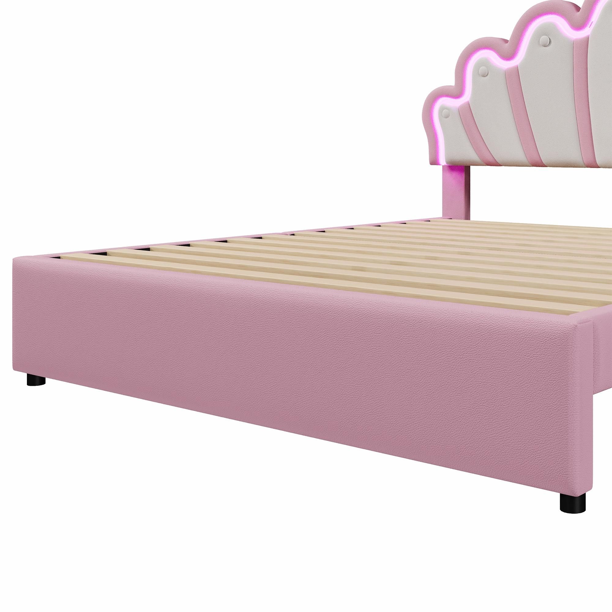 Merax Polsterbett 140x200cm, Prinzessinnenbett mit LED-Leuchten, Verstellbarem Kopftei, 2 Schubladen, Kronen-Design, PU, Kinderbett, Jugendbett, Rosa