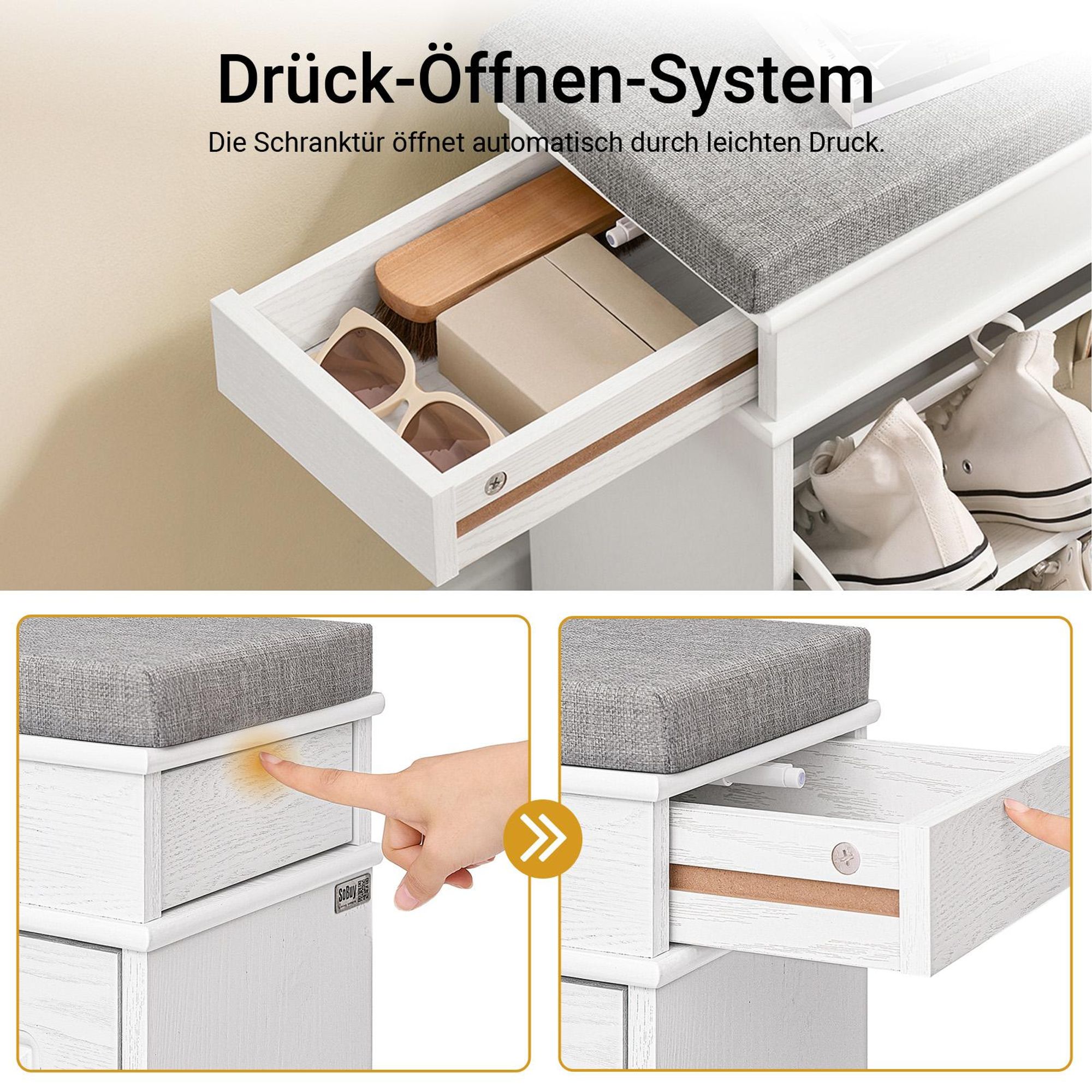 SoBuy Schuhbank mit Sitzfläche und 2 Klappen schmaler Schuhschrank mit Sitzbank & Schuhregal platzsparend Schuhablage für Flur & kleine Räume FSR64-WG