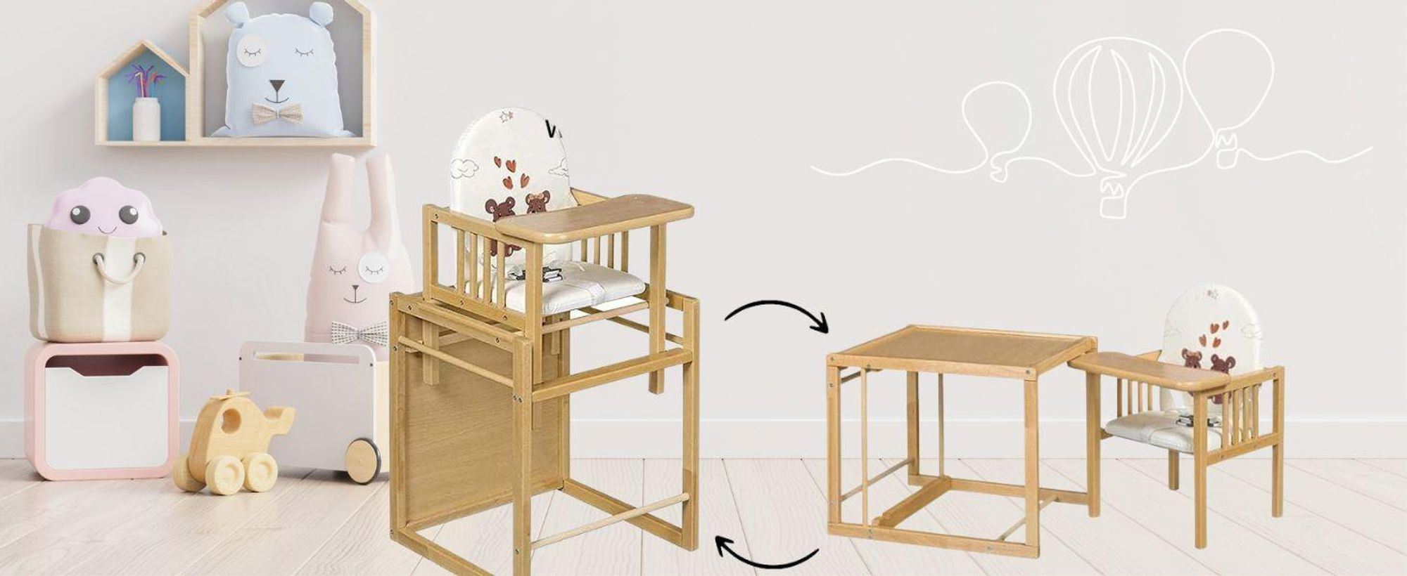 4myBaby GmbH Kombihochstuhl | Leicht Umbaubar kinder Stuhl Tisch | Hochstuhl Holz | Ideal als Esstisch Stuhl | Holzhochstuhl | Portabel und Schnell Zusammenbaubar Baby Hochstuhl Tisch