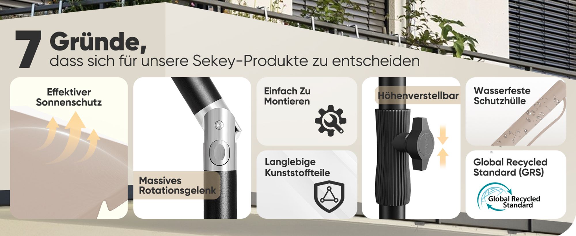 Sekey Sonnenschirm Balkon Rechteckig 200×125 cm Balkonschirm mit Tragetasche Neigungswinkel & Höhe verstellbar Sonnenschutz UPF 50+, Taupe