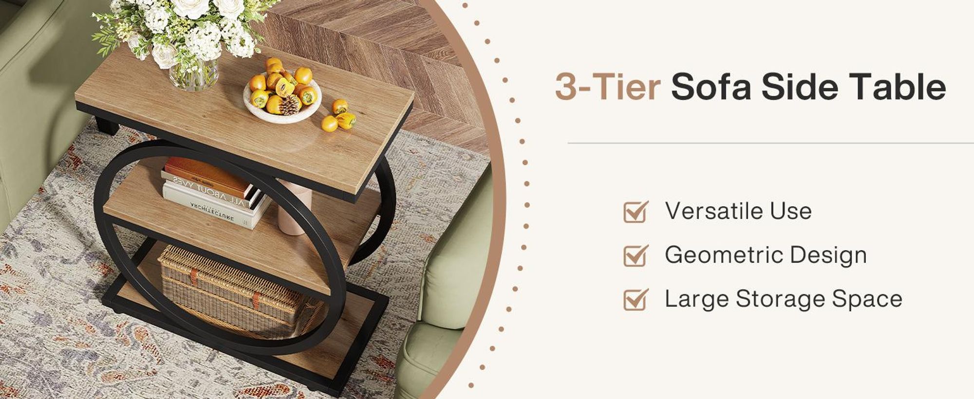 Tavolino a 3 livelli Tribesigns, tavolo da divano in legno industriale con struttura in metallo rotonda per soggiorno, camera da letto, colore rovere