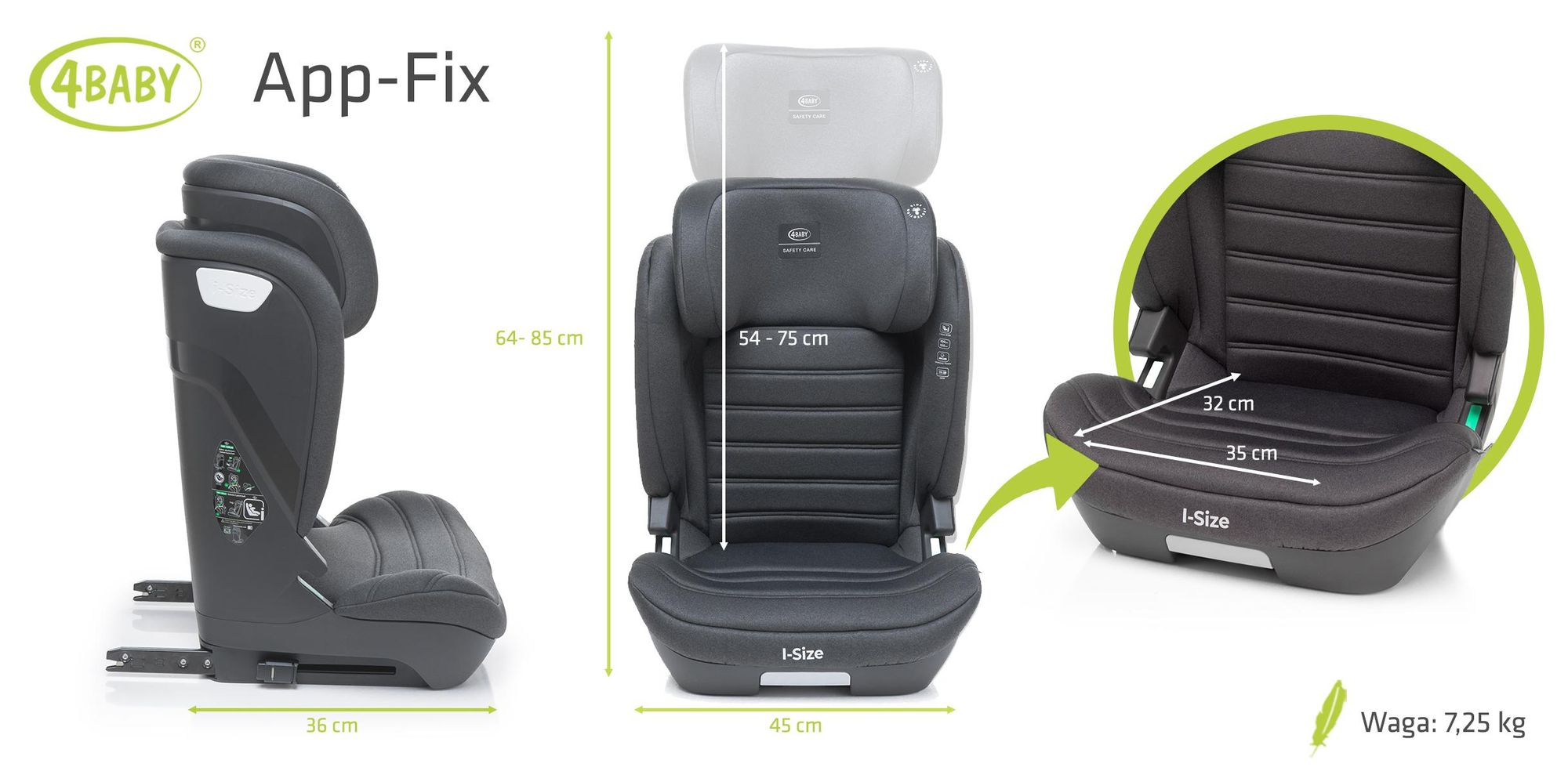 4Baby | Dětská autosedačka - od 3 let - ISOFIX, i-Size, 15-36 kg, 105-150 cm, nastavitelná opěrka hlavy, instalace po směru jízdy - Šedá - App-Fix