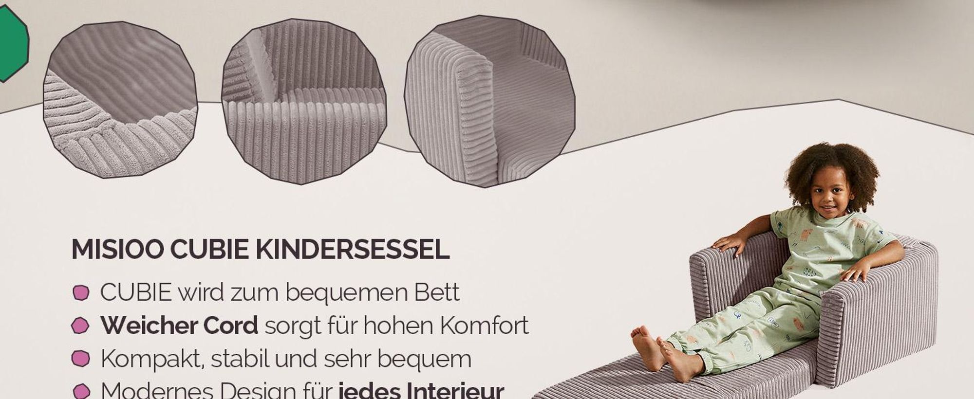 MISIOO Kindersessel CUBIE aus Cord, ausklappbarer Kinder Sessel und Baby Sofa, weicher Sessel für Kinderzimmer, klappbar zum Liegen - Grün