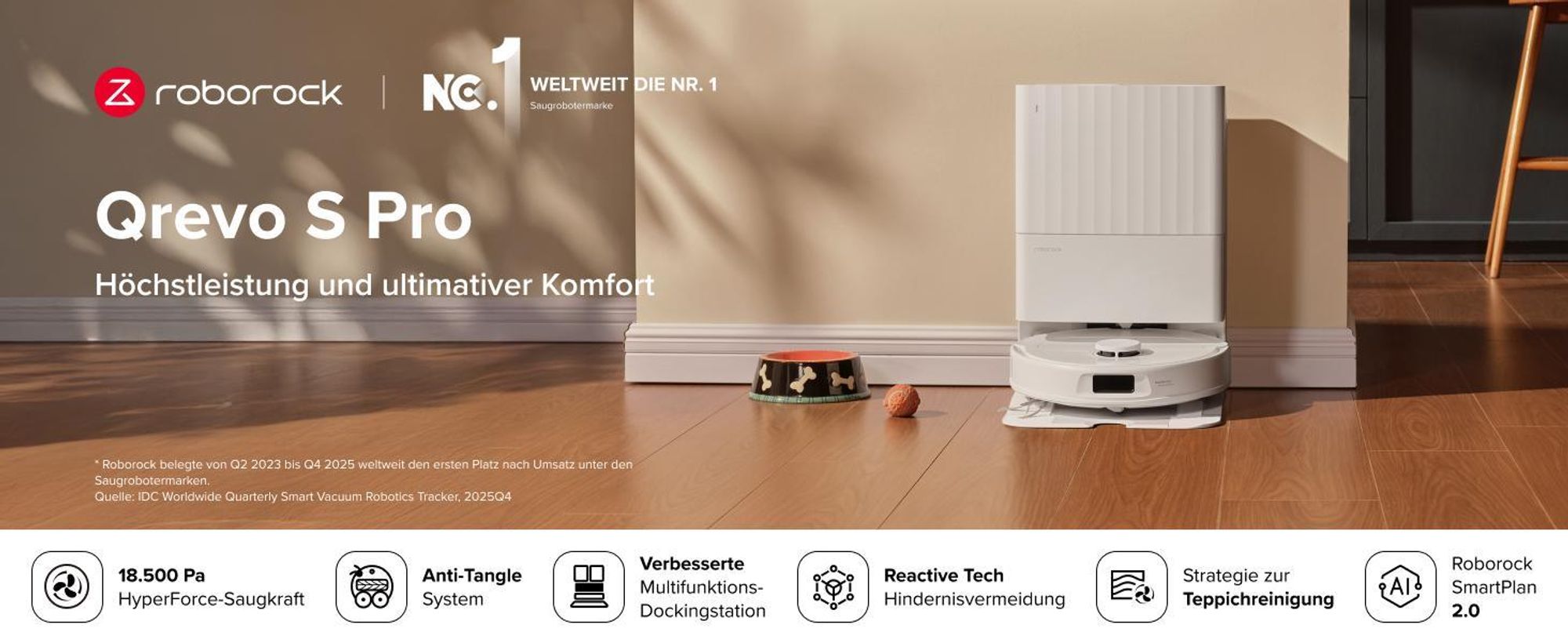 Roborock Qrevo S Pro Staubsauger Roboter mit Wischfunktion, 18.500Pa(Upgrade von QV 35A), Anti-Tangle System, 75 °C Heißwasser-Moppwäsche, Weiß