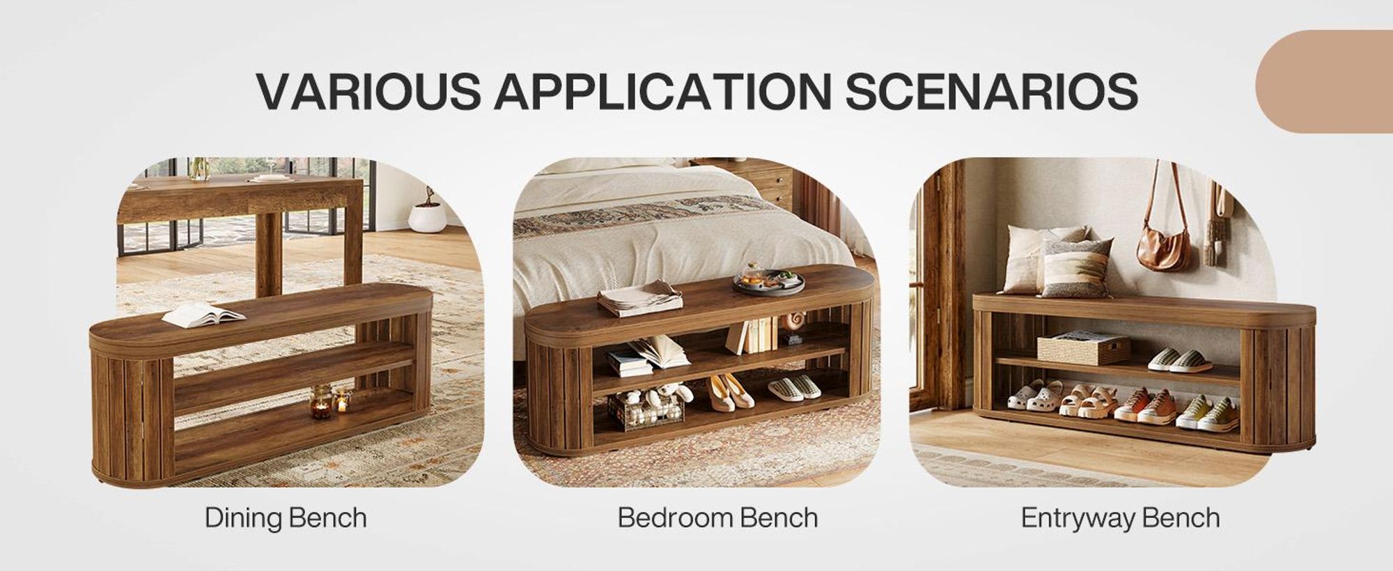Tribesigns 120 cm Eingangsbank Holz mit zweistufigem Schuhregal, im Landhausstil mit verstellbaren Fußstützen, Betthocker Schlafzimmer, Flur, Braun