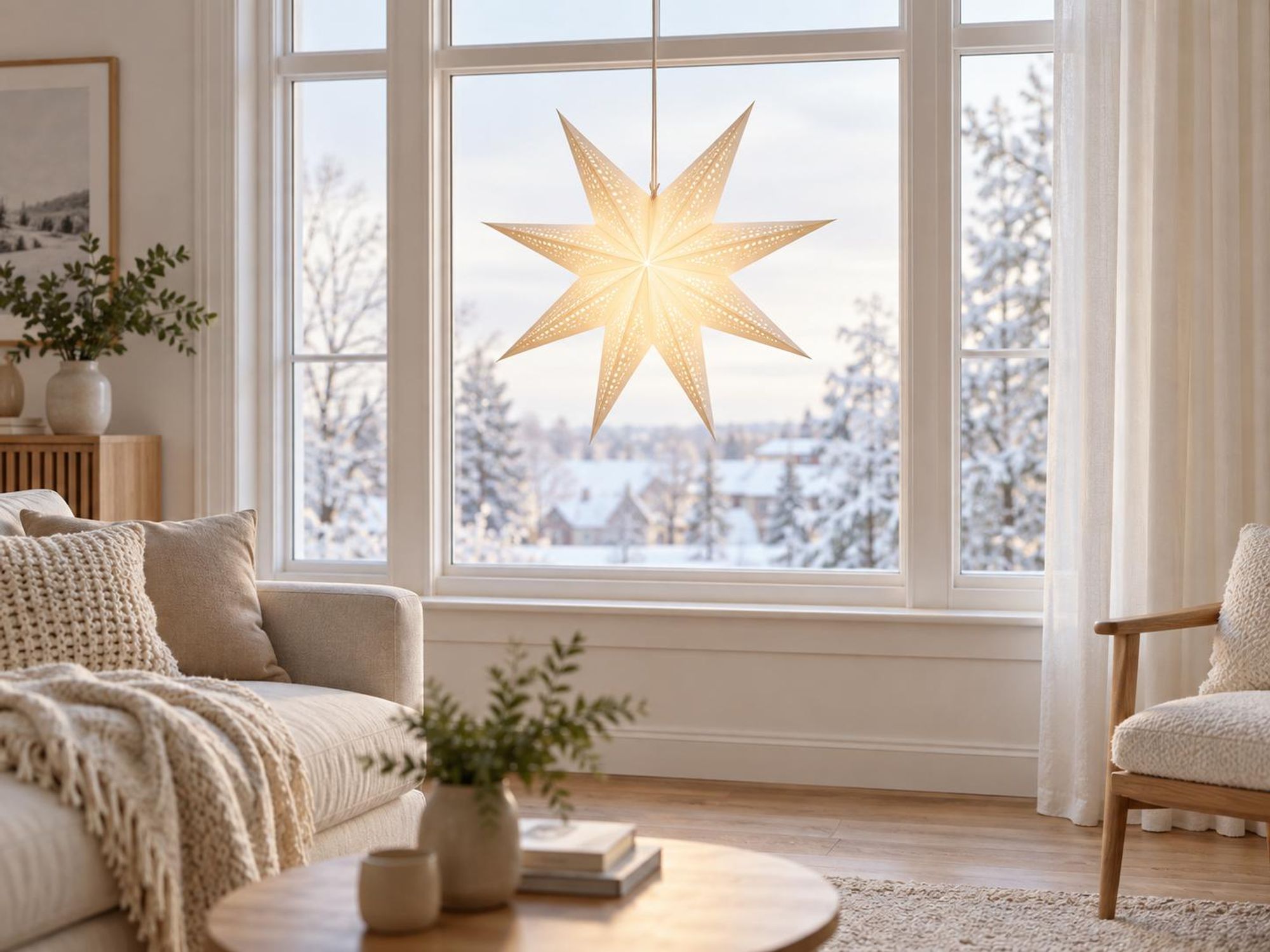 Das Bild zeigt einen Batteriebetriebenen Weihnachtsstern am Fenster aufgehangen