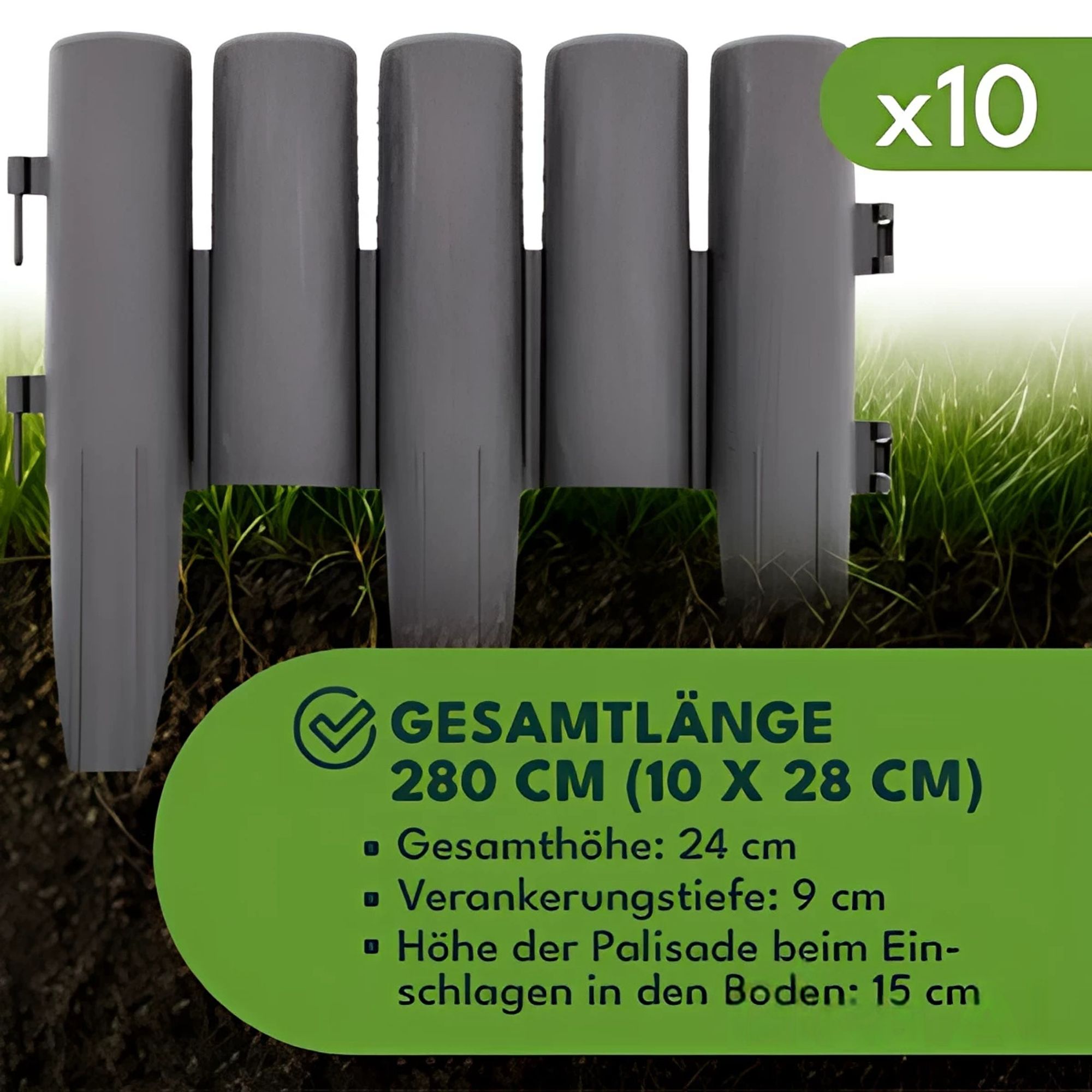 KRUMAD Rasenkante Kunststoff Holzoptik 10 Stück Set 2,8 Meter Höhe 24 cm Beeteinfassung Garten Flexible Beetumrandung Witterungsbeständig Anthrazit