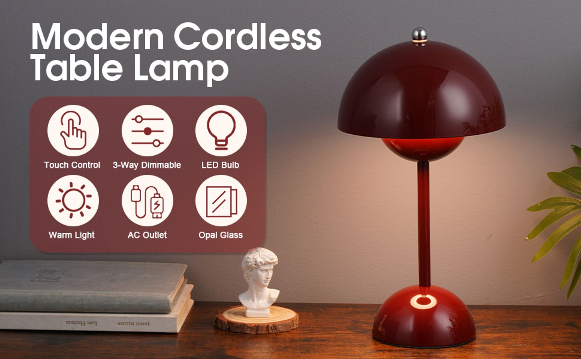 Kabellos Nachttischlampen,LED Tischlampe,Touch Dimmbare kuppelförmige Tischleuchte,3 Lichtfarben Pilzlampe,Schreibtischlampe,Dekotischlampe,Rot