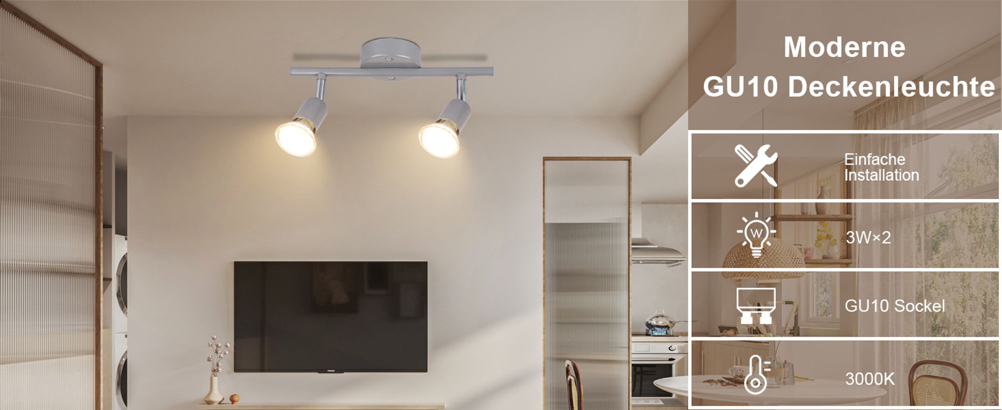 ZMH LED Deckenstrahler Schwenkbar GU10 Glänzendes Silber Deckenleuchte Deckenspots 2 Flammig Wandleuchten Bad Deckenlampe Küchen Flur Schlafzimmer Leuchtmittel Enthalten