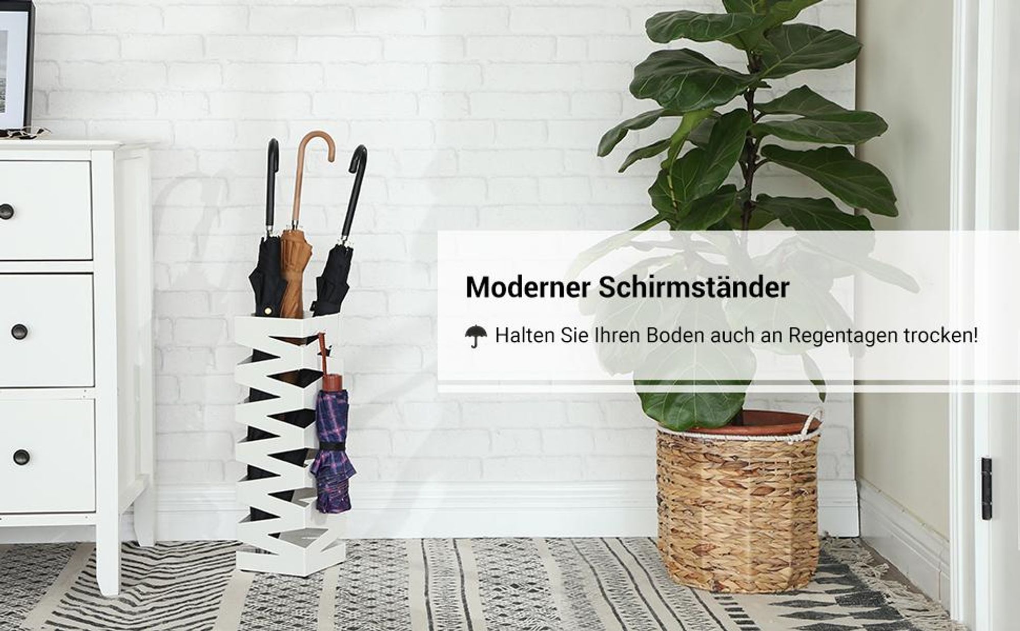 SONGMICS Ø 15,5 x 49 cm Metall Schirmständer 2 Haken Regenschirm Wasserauffangschale weiß werden verschenkt LUC16W