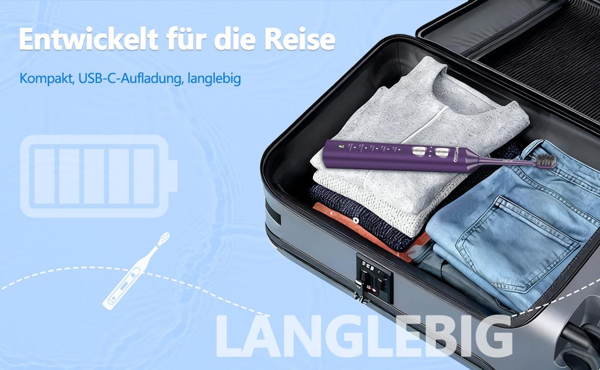 MCURO Elektrische Schallzahnbürste, wiederaufladbar, 10 Std. Ladezeit für bis zu 180 Tage Nutzung, 5 Putzmodi, Timer, 6 Bürstenköpfe, Lila