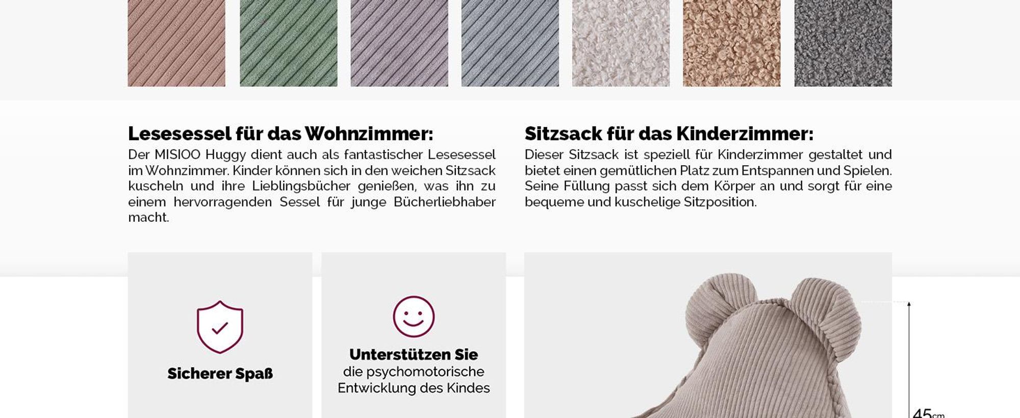 MISIOO Sitzsack Kinder – Big Bag Bean Bag – Waschbar –  – Stabile und Weiche Konstruktion – Cord-Material – 68x45 cm – Beige