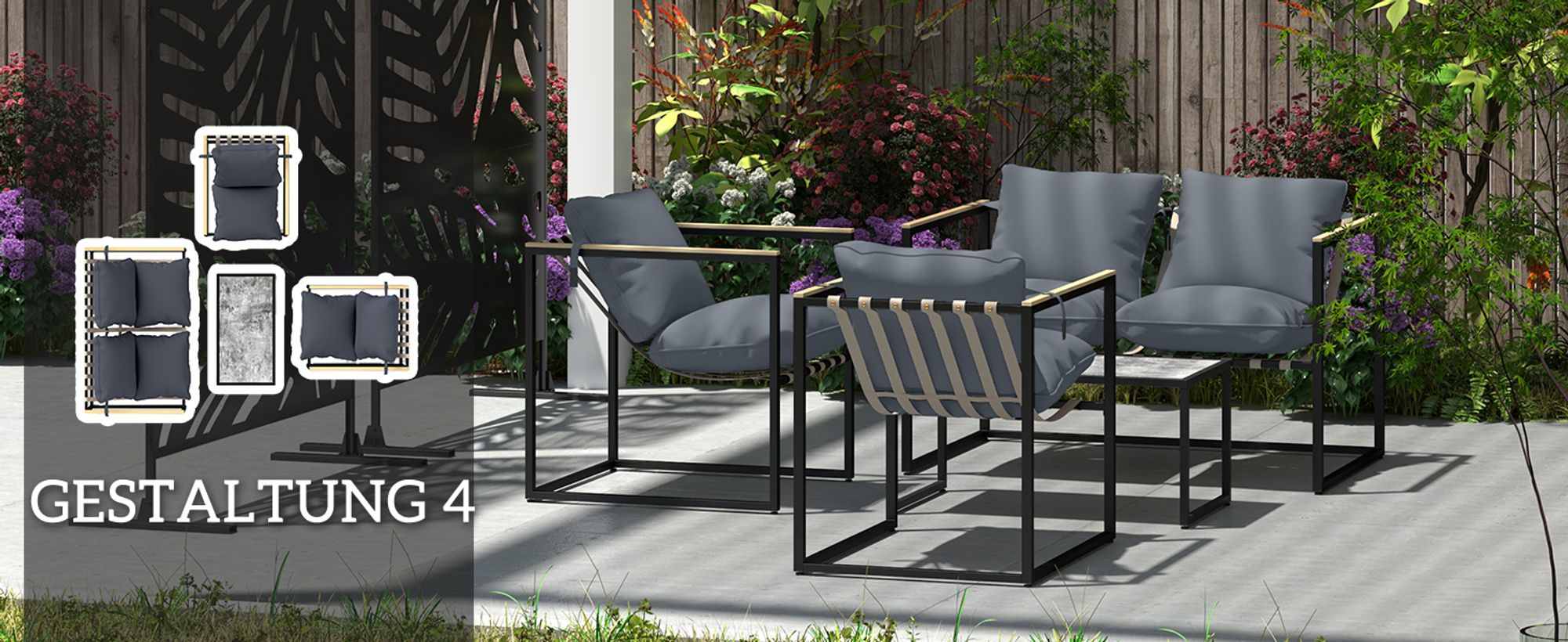 Outsunny Stahl Gartenmöbel Set 4 Personen Balkonmöbel-Set mit 2er Sofa Grau