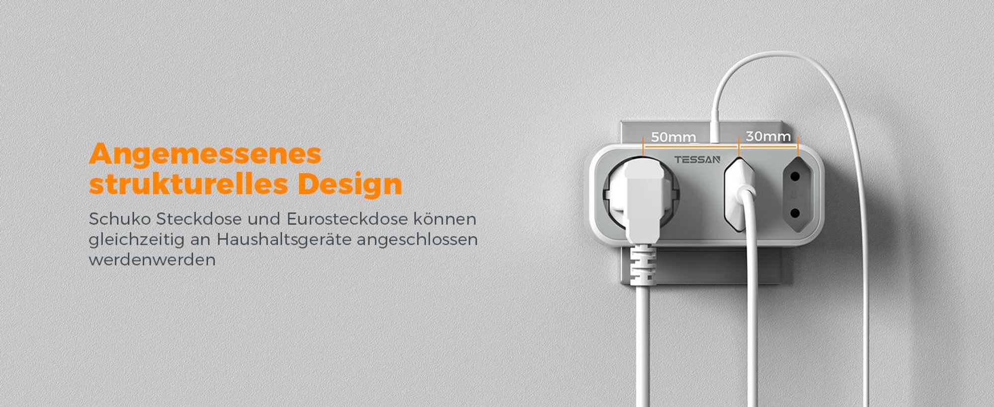 TESSAN Mehrfachstecker 3 Fach Steckdosenadapter mit 1 USB C und 1 USB A 3600W Grau