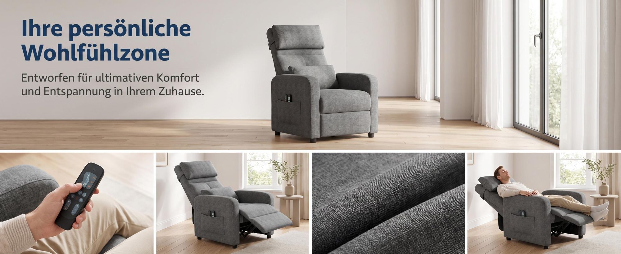 Elektrischer Relaxsessel mit Massage, Fernsehsessel Elektrisch Grau mit Liegefunktion, TV Sessel Elektrisch, Liegesessel 90°–150° verstellbar, Wohnzim