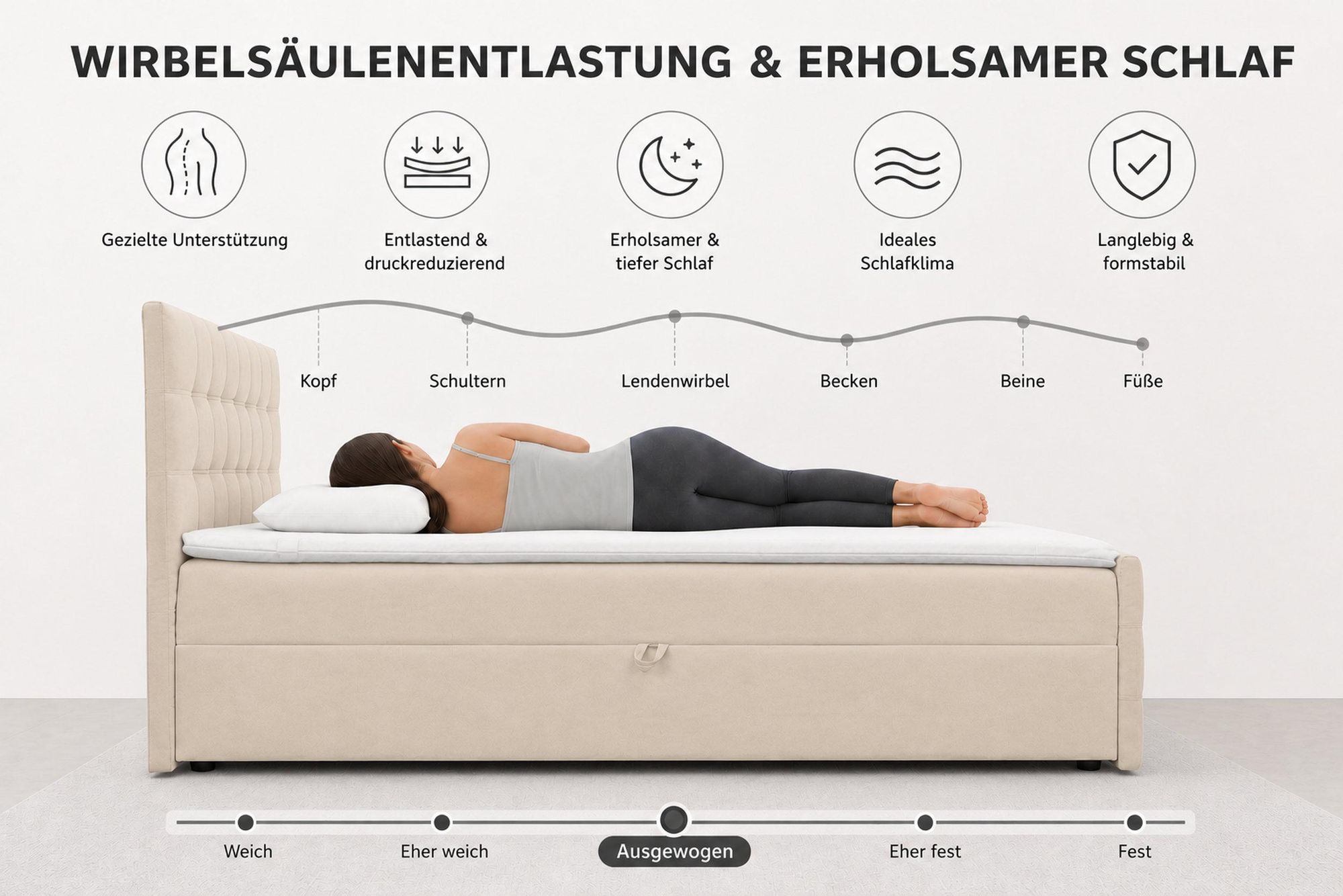 VENASI Boxspringbett 180x200 mit Bettkasten, Natalie Doppelbett Schwarz Velourstoff