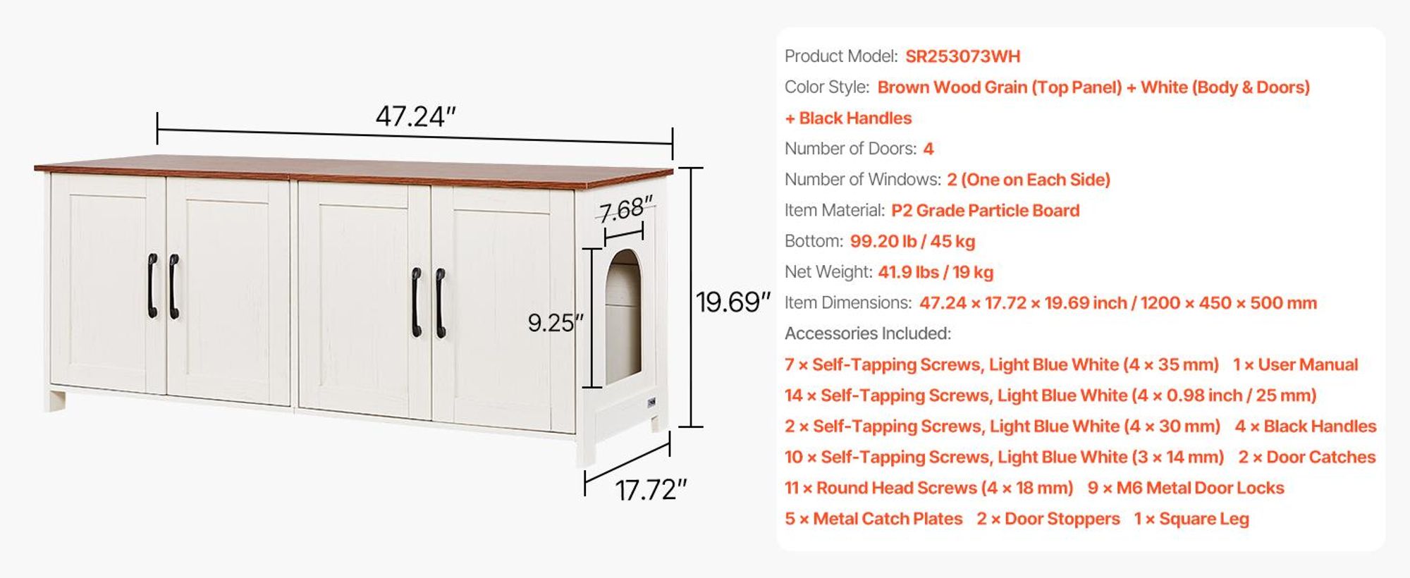 VEVOR Katzenschrank, 1200x450x500 mm, Katzenklo Schrank mit 4 Türen & 2 Eingängen, Katzentoilette für den Innenbereich, Katzenhaus aus Holz, passend für die meisten Katzentoiletten, Braun & Weiß