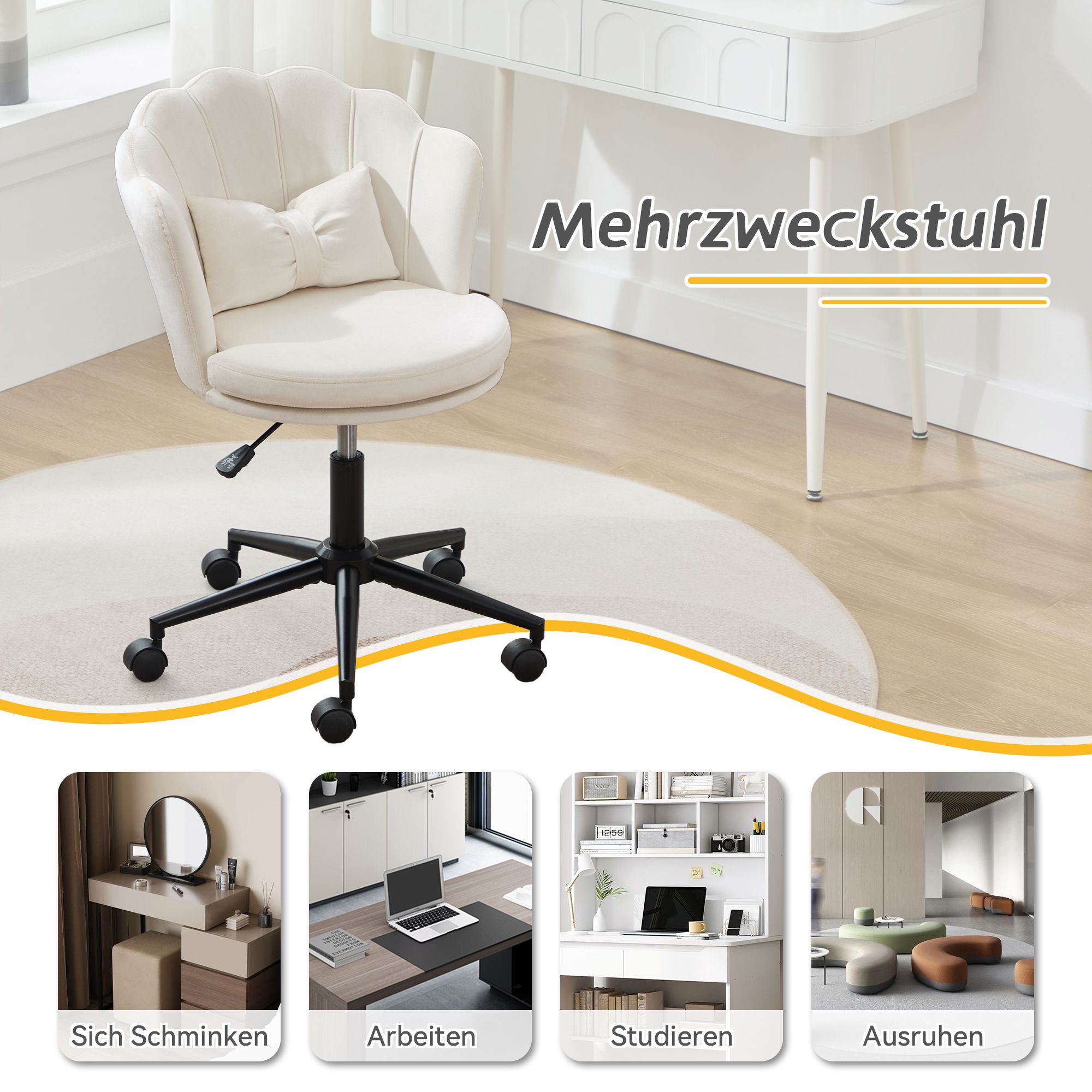 Flieks Bürostuhl ergonomisch, Stuhl drehbar Schminktisch, Schminkstuhl ohne Armlehne, Schreibtischstuh mit Blütenblatt-Rückenlehne, Beige