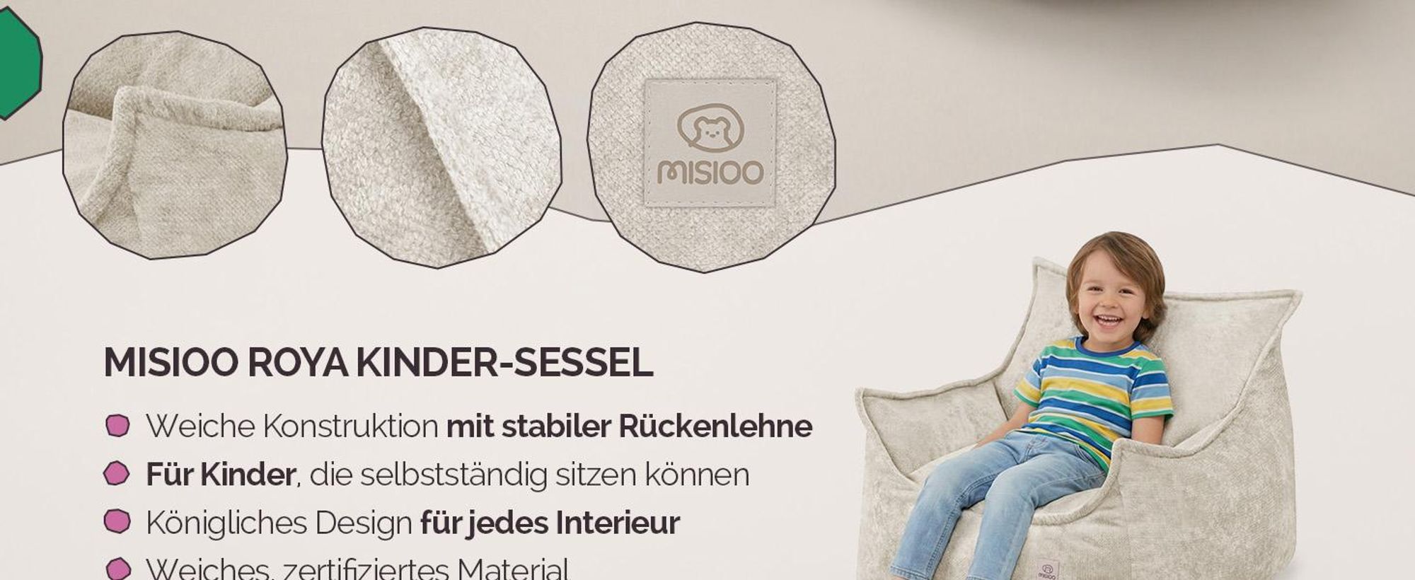 MISIOO Kinder Sessel Roya Chenille – Kindersessel für Kinderzimmer, Weicher Sitzsack Kinder, Bodensessel Bean Bag Sofa, Premium Szenila, 80x73x58 cm