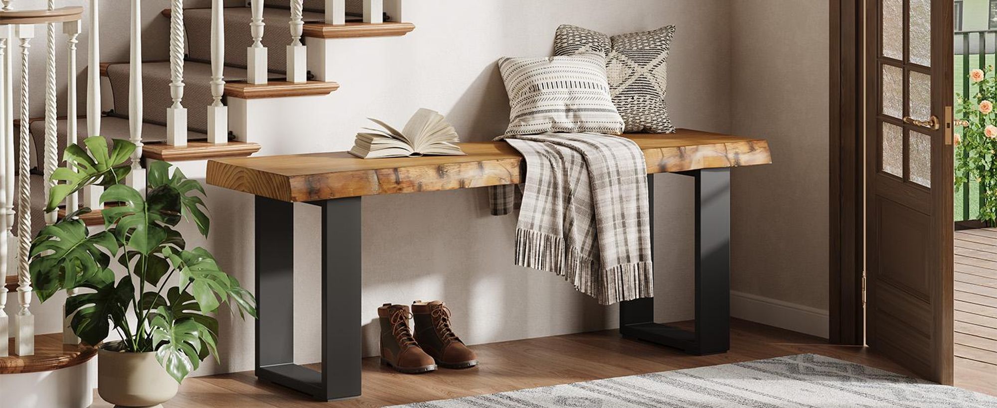 Wanbor 120cm Massivholz-Eingangsbank, industrielle Holz-Schuhbank mit Metallbeinen, schmale Lange Fußbank für Schlafzimmer, Wohnzimmer