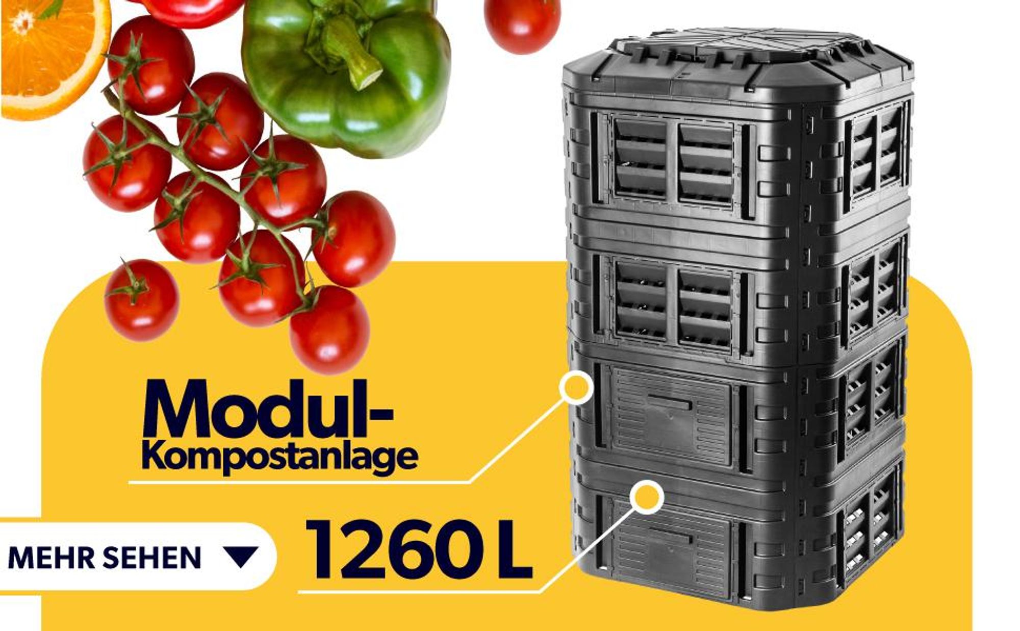 KADAX Modul-Kompostanlage, Schnellkomposter aus Kunststoff, Komposter mit Druckknöpfen, schwarzer Thermokomposter mit klappbarem Deckel (1260L)
