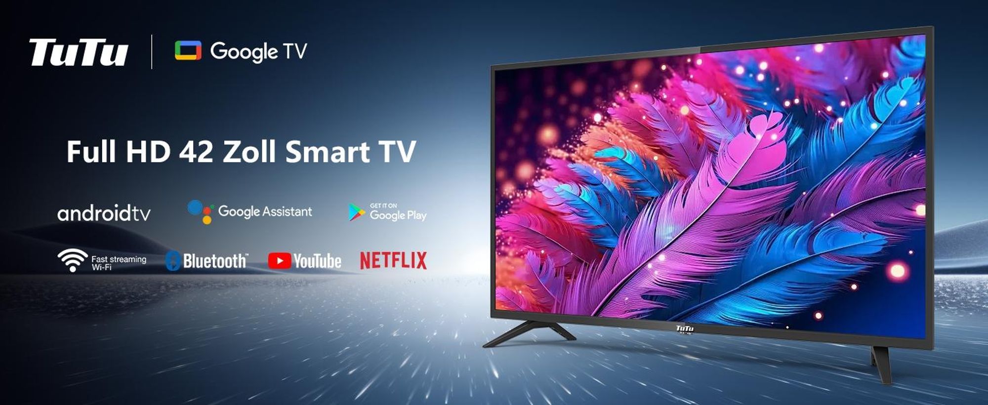 TUG42FD1 TuTu Android Smart TV - LED Full HD - 42 Zoll/108 cm - Sprachsteuerung & Streaming-Apps - HDMI x3, USB x2, CI+ - Tripple Tuner DVB-T/T2/S/S2/C - Randlos Design - Montiert in Eindhoven, Niederlande - TUG42FD1