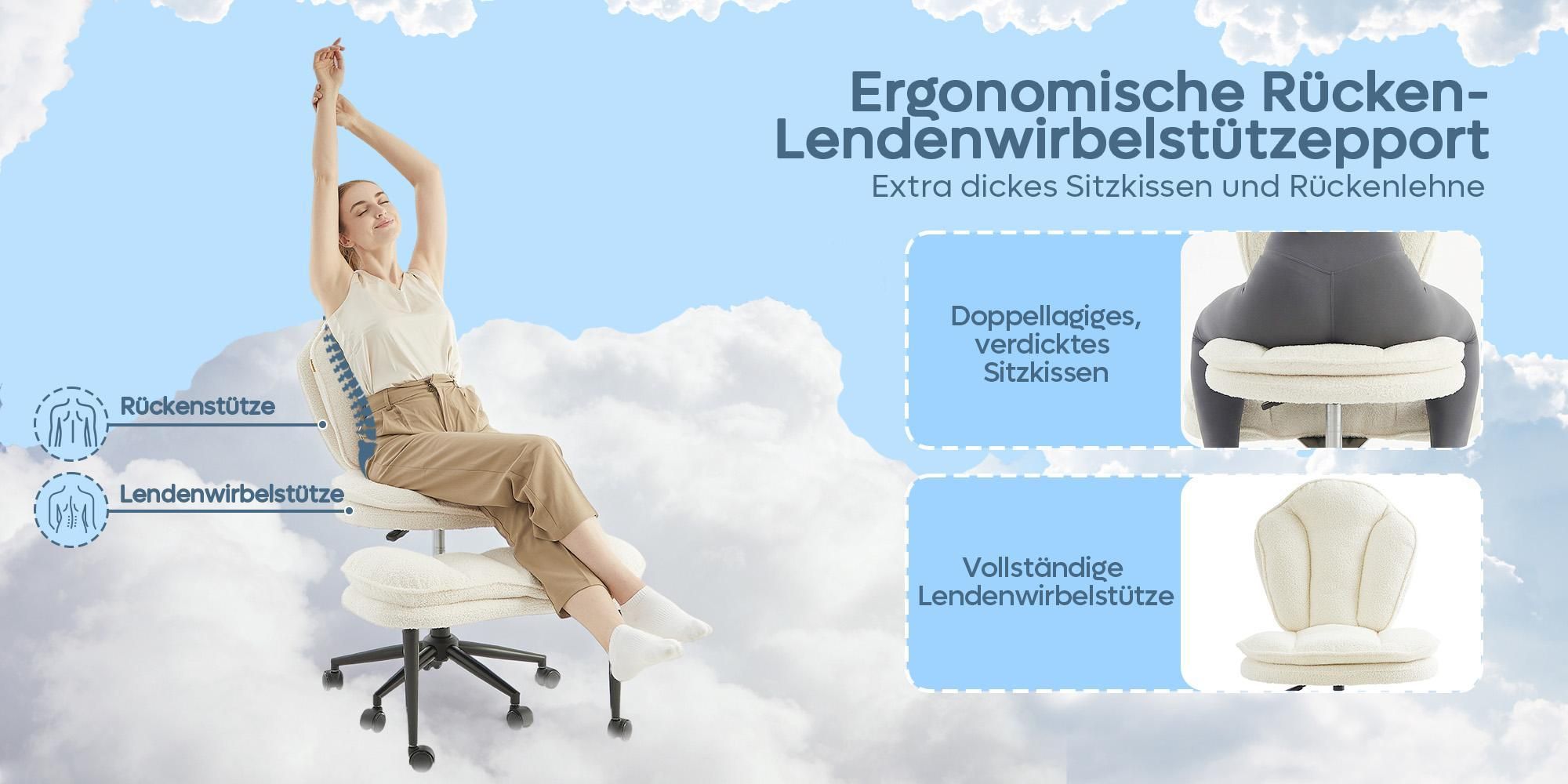 Bürostuhl Ergonomisch, Meditationsstuhl ergonomisch mit Rädern & Lordosenstütze, ADHS-Stuhl, Schreibtischstuhl Computerstuhl Chefsessel, Schwarz