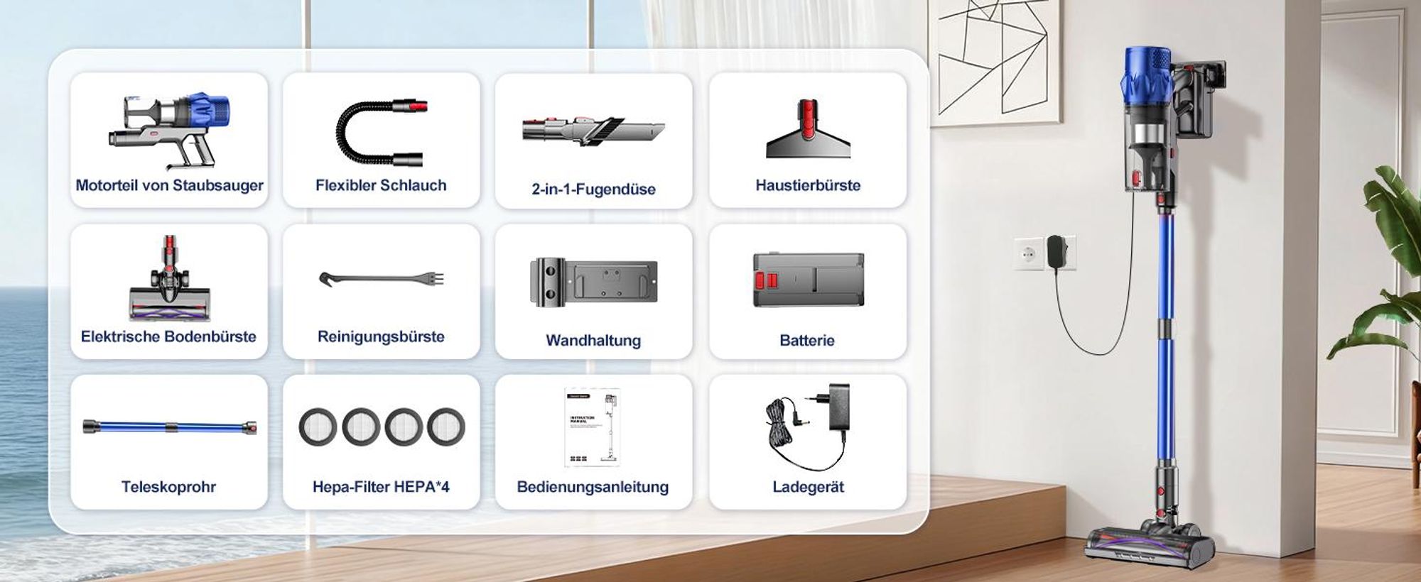 Portreen Akku Staubsauger, 85000Pa Staubsauger kabellos mit Touchscreen, Haustierbürste, Schlauchbürste, HEPAx4, 2L, 80Min, Anti-Tangle-Staubsauger