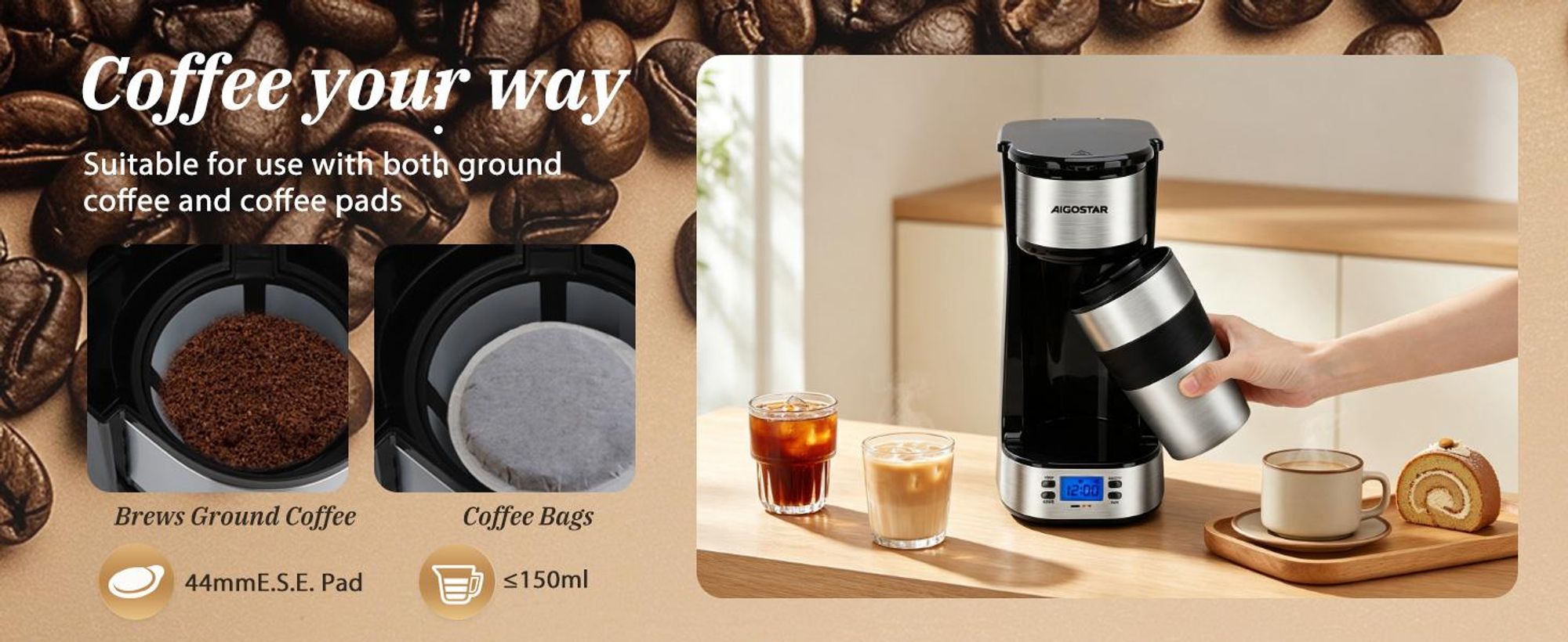 Aigostar - 420 ml Filterkaffeemaschine Mit 24h-Timer, Kaffeemaschine mit Thermobecher, , LCD-Anzeige