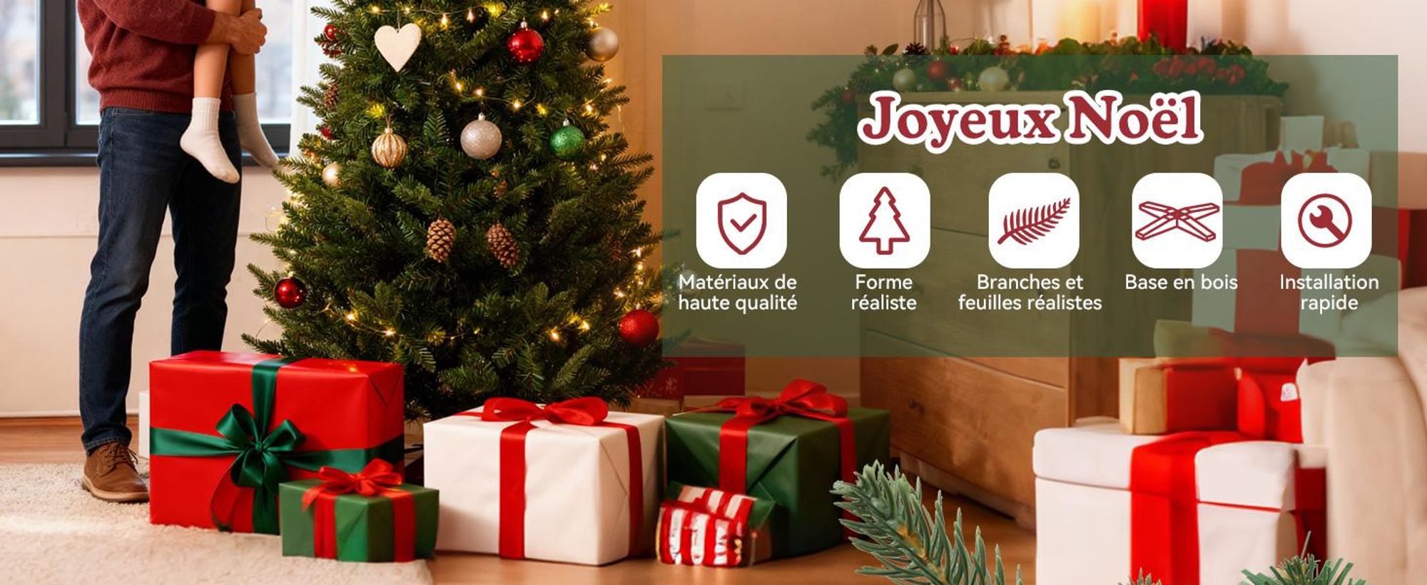 Sapin de Noël Artificiel DEWINNER 180 cm,, Branches PE PVC Réglables, Support en Bois Stabilisé, Extra Dense et Réaliste, Montage Rapide