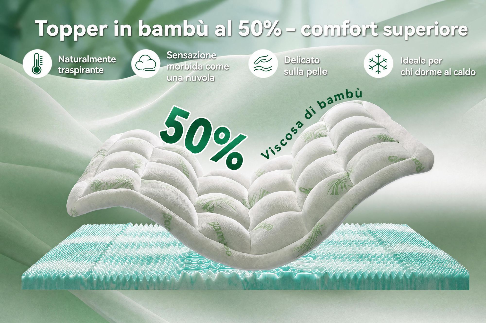 NicePlus, materasso topper 2-in-1, 90x200X7cm, con imbottitura in memory foam a 5 zone e strato superiore in bambù, dotato di angoli elasticizzati per adattarsi a tutti i tipi di materasso, livello di comfort H2/H3, colore verde