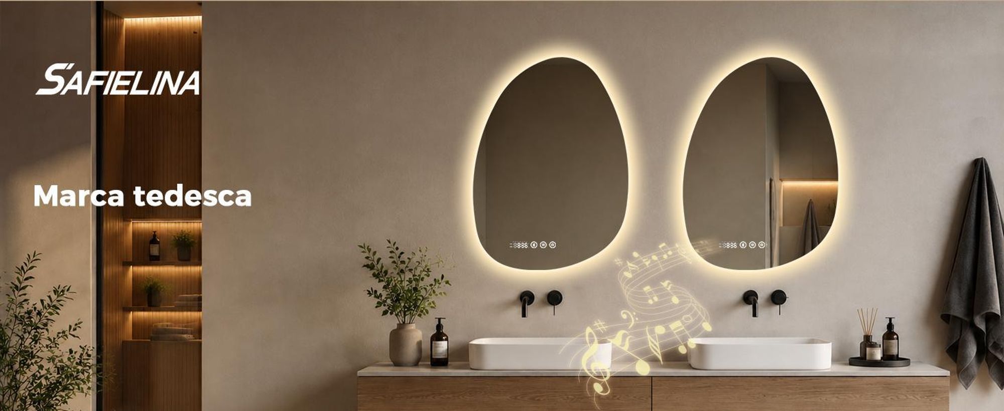 Espejo de baño iluminado S'AFIELINA, diseño asimétrico, 60 x 45 cm, con 3 colores de luz regulables, antiniebla, Bluetooth, reloj, temperatura y función de memoria