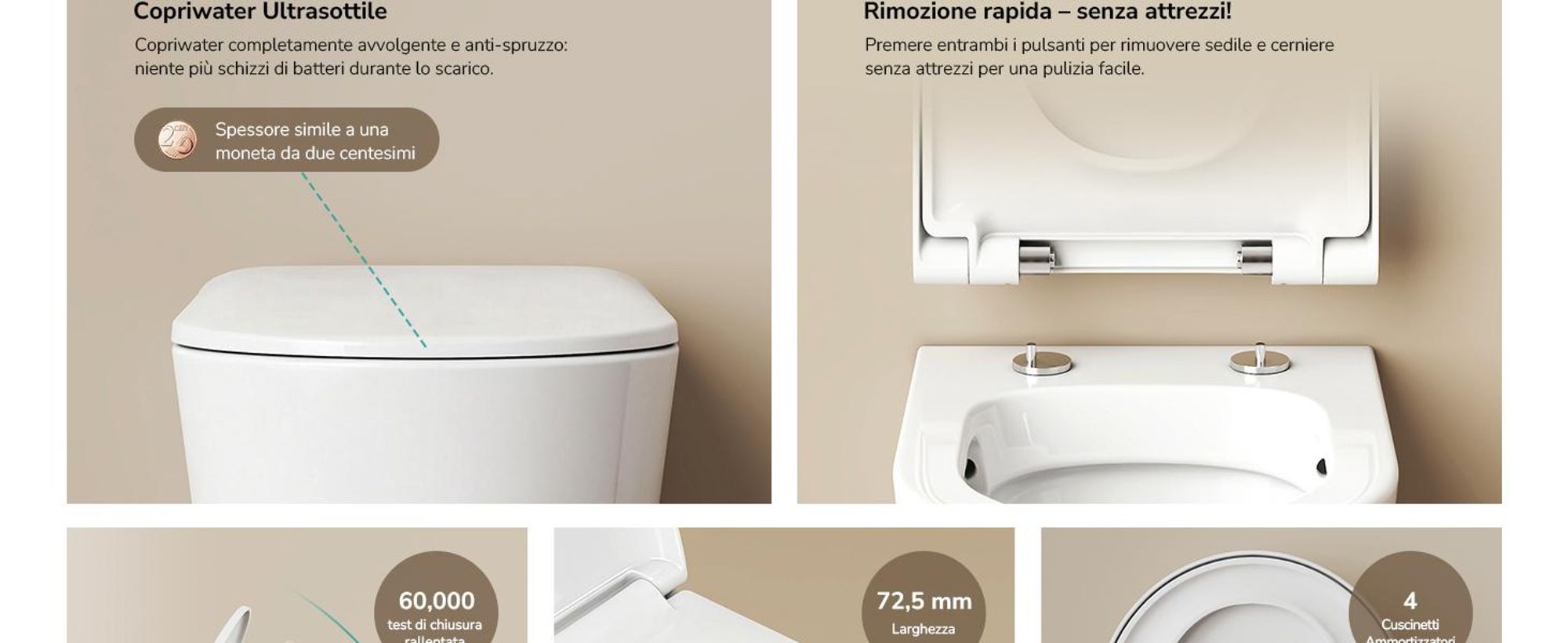 WC sospeso EMKE in ceramica a doppio foro con risciacquo a risparmio idrico, con scarico diretto e coperchio a chiusura ammortizzata, a bassa rumorosità, bianco lucido